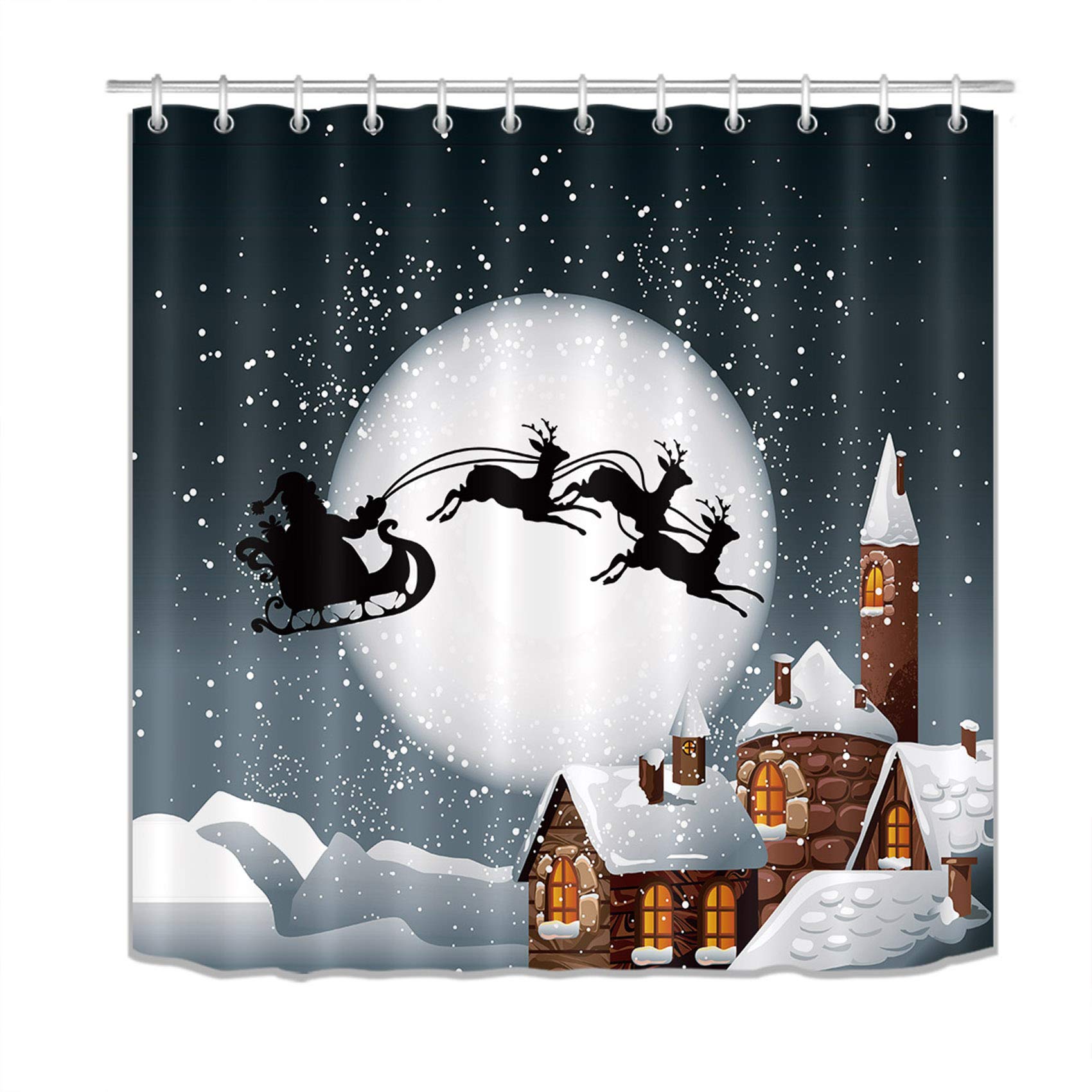 Christmas Santa Claus Sleigh Chimney Shower Curtain - 72x78 Inch Extra Long Waterproof Polyester Fabric Bathroom Decor with Hooks | Holiday Bathroom Decorations, Festive Home Decor for Xmas & New Year