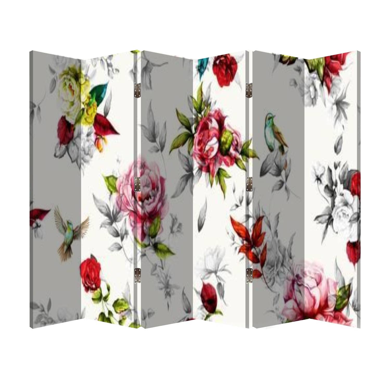 Vintage 6-Panel Canvas Room Divider Screen - Hand-Painted Rose Peony with Leaves & Nightingales, Wooden Folding Privacy Partition for Office, Bedroom & Living Room Decor | Perfect for Home, Studio & Workspace Separation