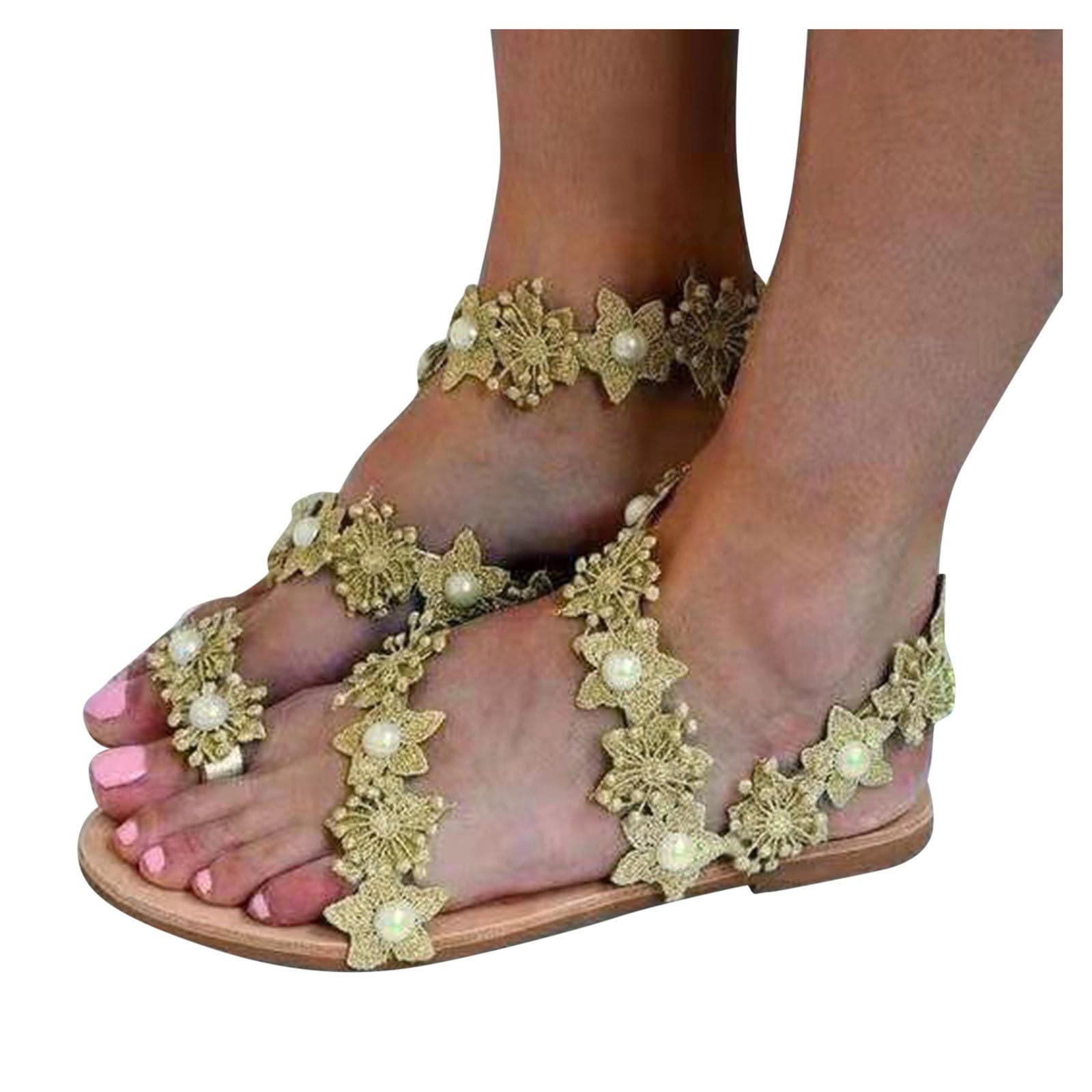 Drindf Women's Bohemian Flower Lace Wedding Sandals - Open Toe Beaded Flat Flip Flops for Beach, Summer & Boho Style Bridal Parties, Outdoor Weddings, Vacations & Casual Wear