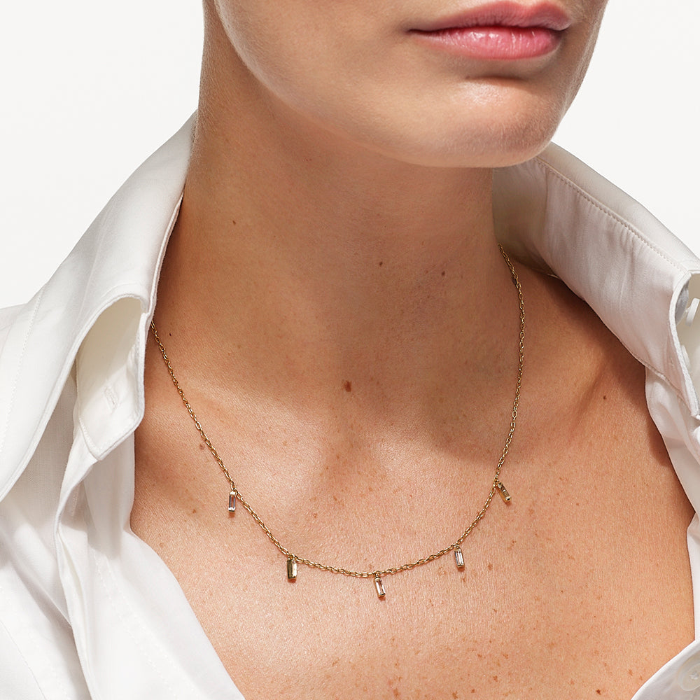 14K Gold White Topaz Baguette Drop Chain Necklace - Elegant Dainty Jewelry for Women, Perfect for Weddings, Parties & Everyday Wear