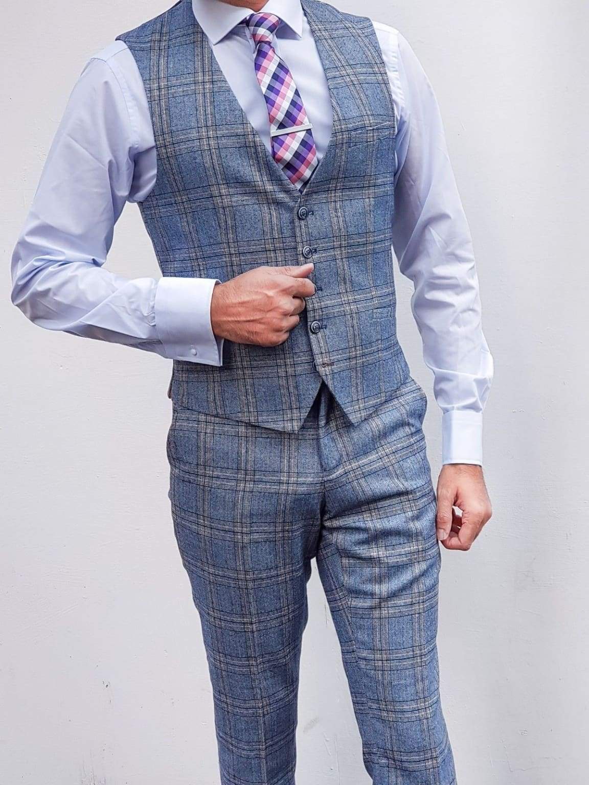 Cavani Brendan Blue Slim Fit Checkered Trousers for Men - Stylish Casual Pants for Office, Party & Everyday Wear