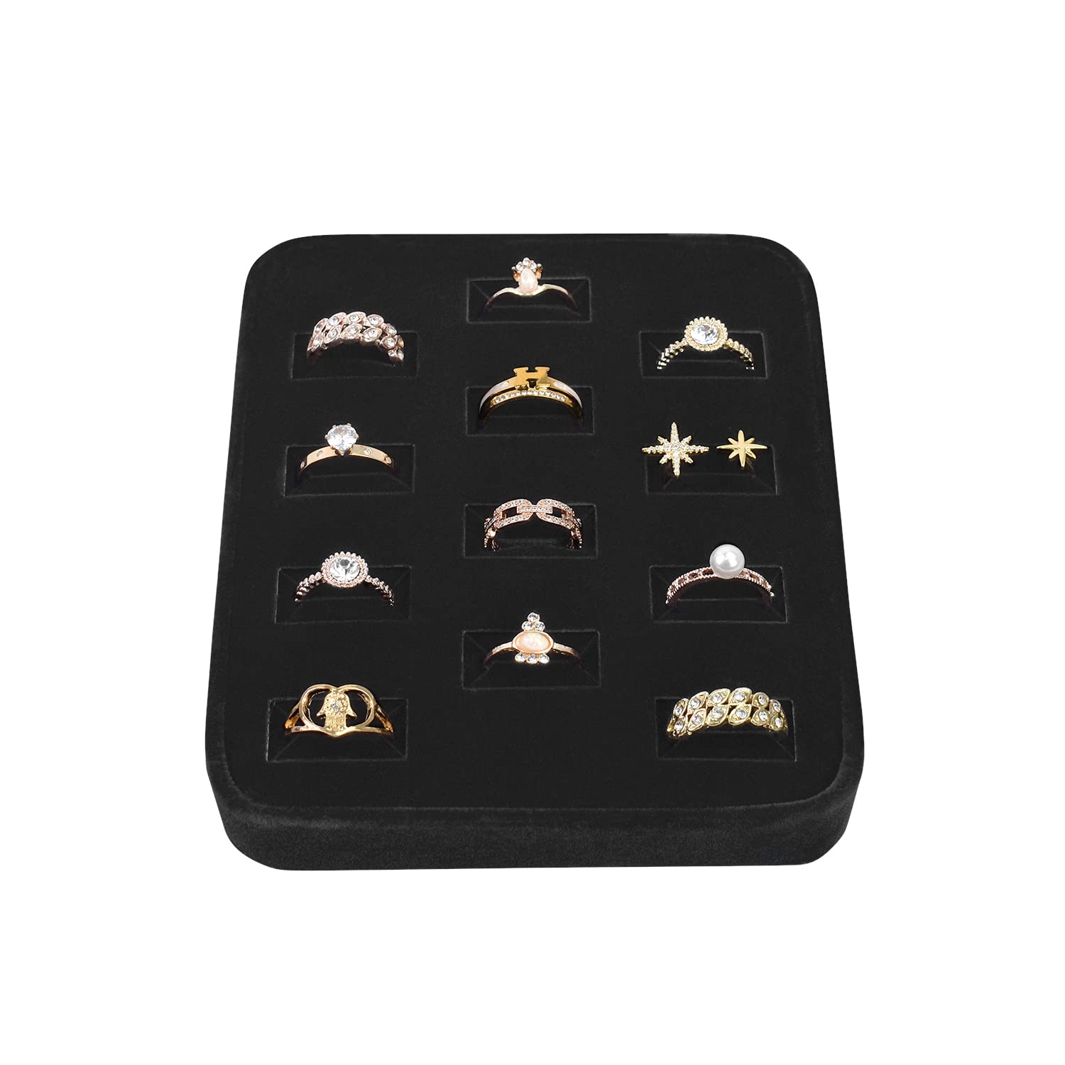 MOOCA 12 Slot Ring Display Tray - Velvet Jewelry Organizer Stand for Rings, Earrings & Bracelets - Perfect for Home, Trade Shows & Retail Store Showcases - Black Velvet Jewelry Display Case