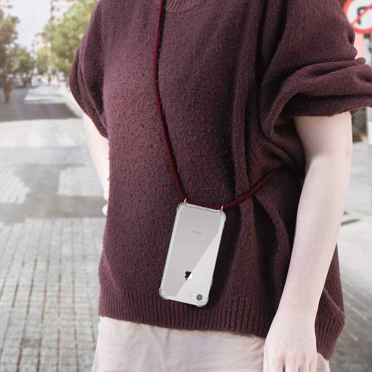 kwmobile Clear TPU Crossbody Phone Case Compatible with Apple iPhone SE (2022/2020), iPhone 8 & iPhone 7 - Protective Cover with Adjustable Lanyard Strap (Dark Red/Transparent) - Perfect for Travel, Shopping & Outdoor Activities
