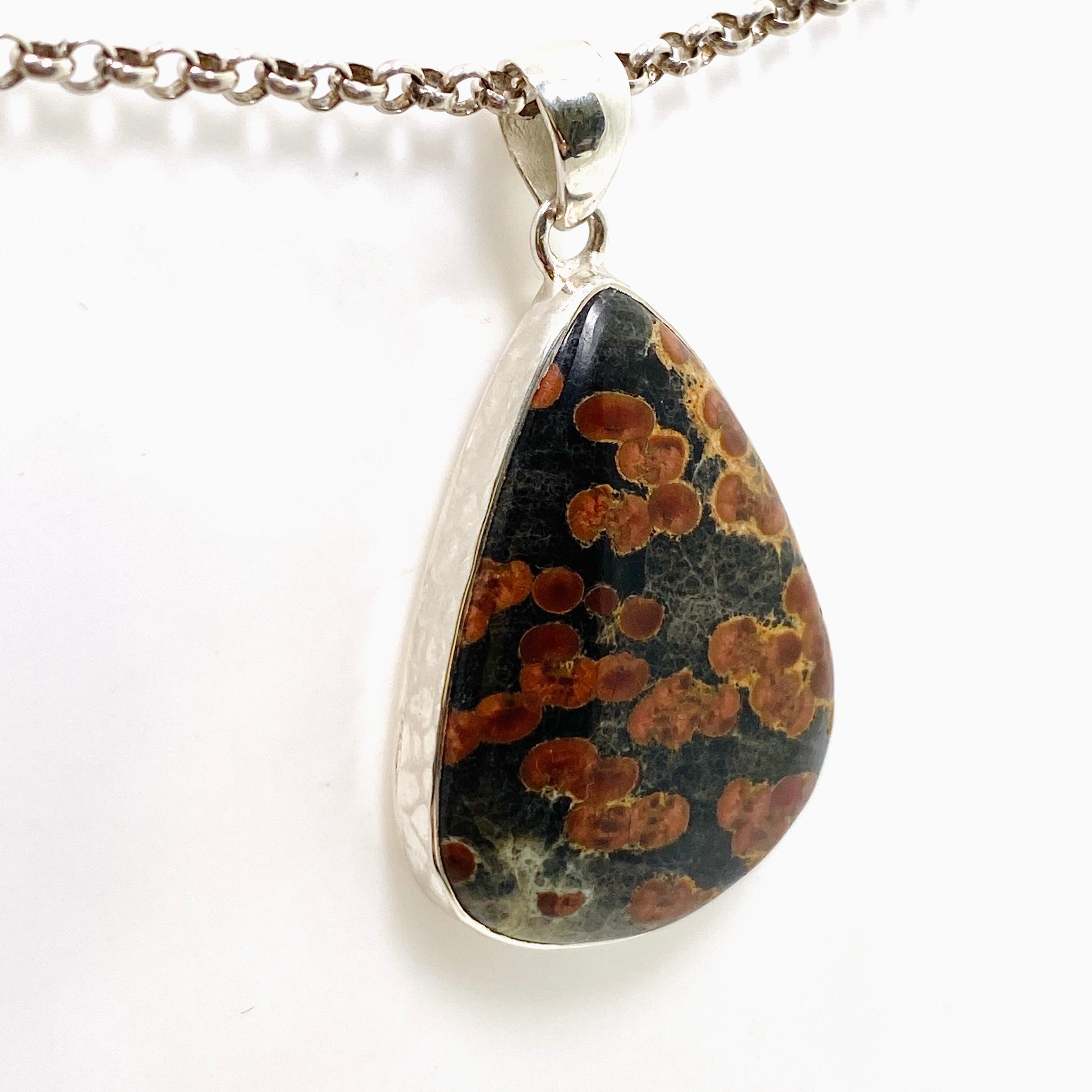 Natural Peanut Obsidian Perlite Teardrop Cabochon Pendant - Handmade Hammered Silver Setting KPGJ4767 - Perfect for Jewelry Making, Gifts & Spiritual Healing