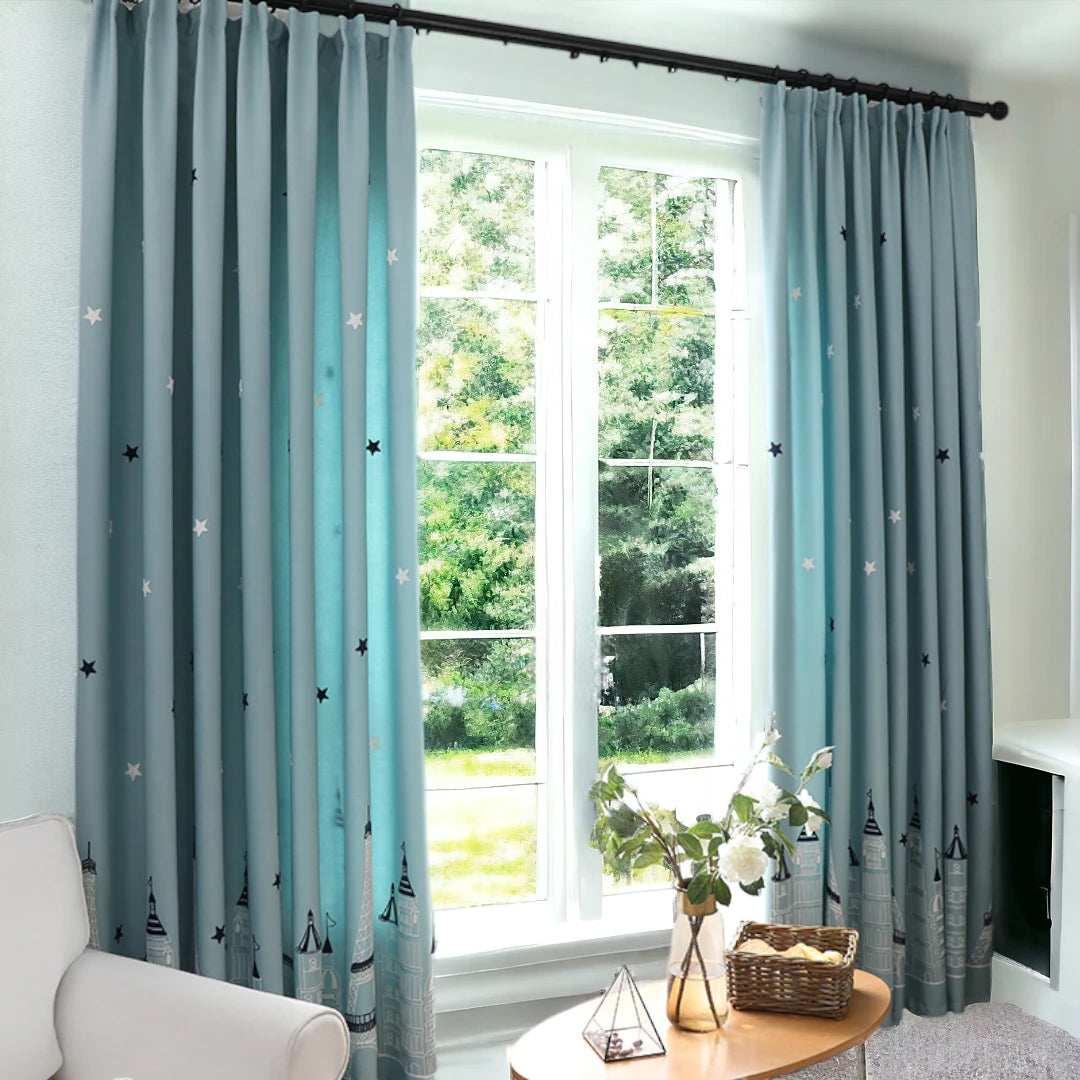 Kaila Castle Print Blackout Curtains - Custom Room Darkening Window Drapes for Bedroom, Living Room & Nursery
