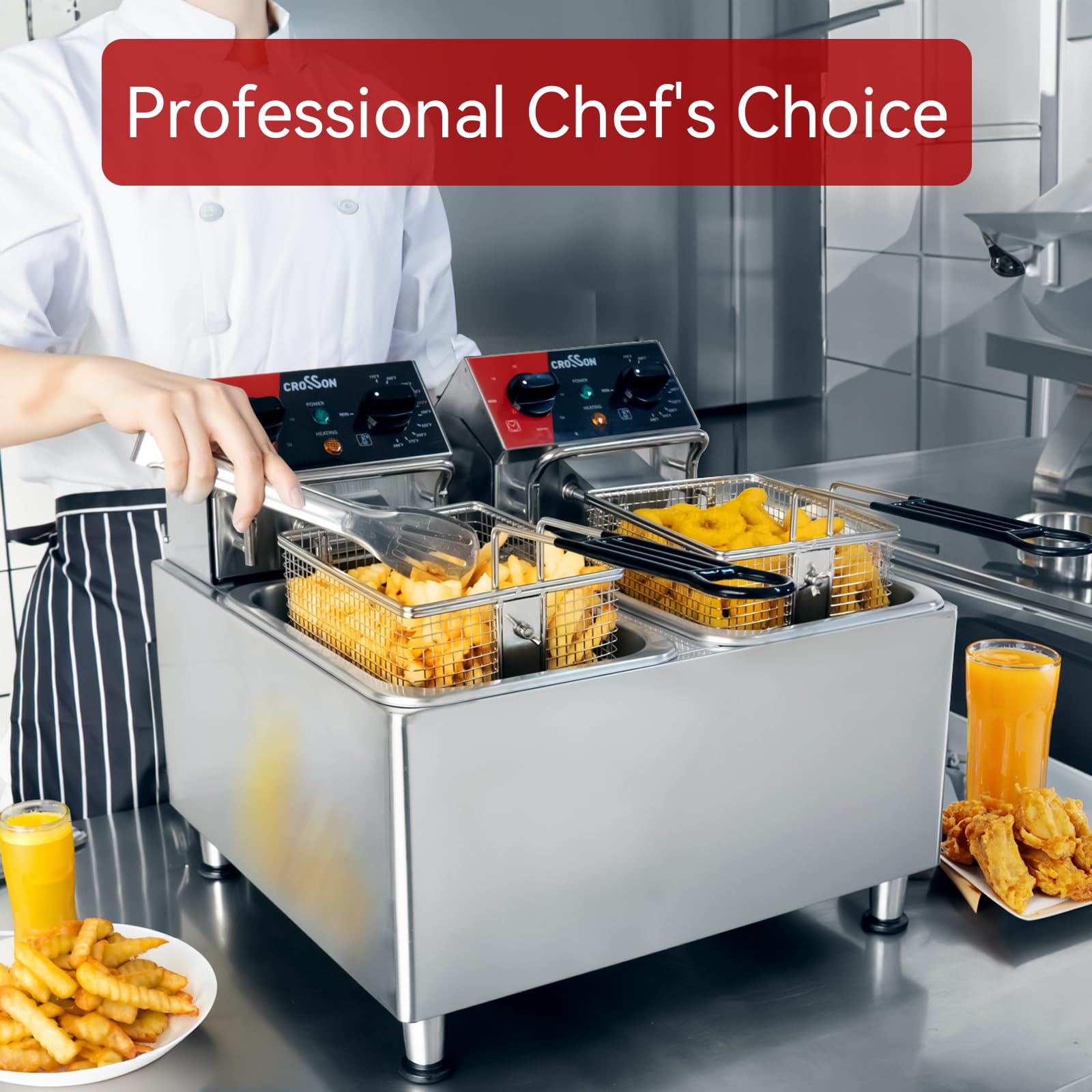 CROSSON 20Lbs Dual Tank Electric Deep Fryer with Rotary Fryer Head, 30-Minute Timer & Removable 304 Stainless Steel Oil Tank - Commercial & Home Use for Chicken, Fish, French Fries & Donuts