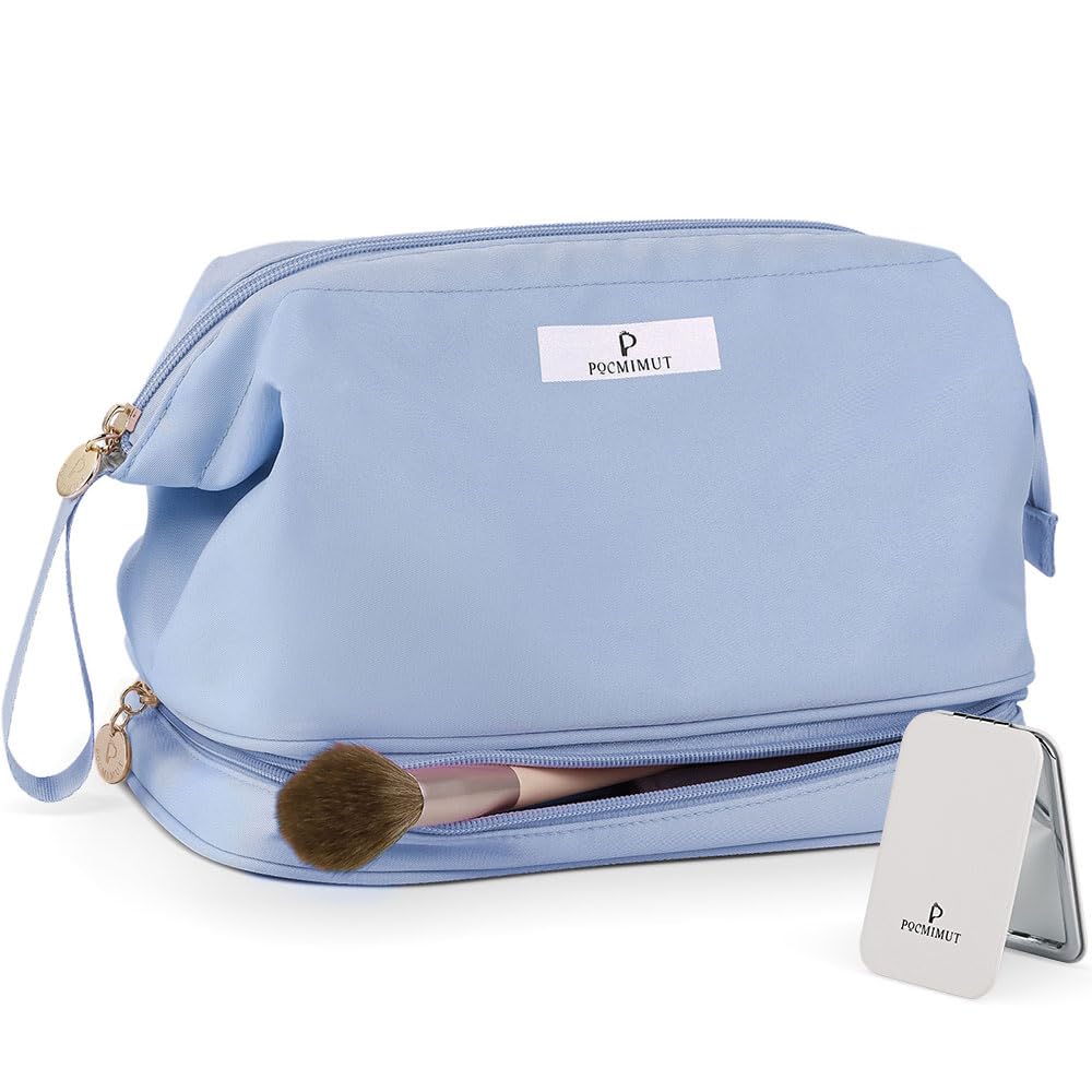 Pocmimut Large Double Layer Makeup Bag for Women & Girls - Travel Cosmetic Organizer with Brush Holder, Waterproof Toiletry Bag (Baby Blue) - Perfect for Travel, Gym, and Daily Makeup Storage