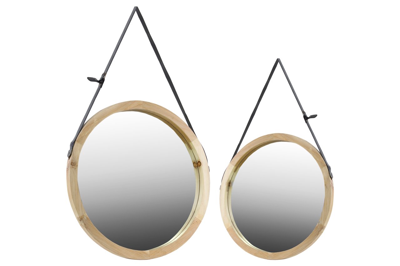 Natural Wood Round Wall Mirrors with Belt Hanger - Set of 2, Tan - Perfect for Bedroom, Bathroom, Living Room & Boho Home Decor