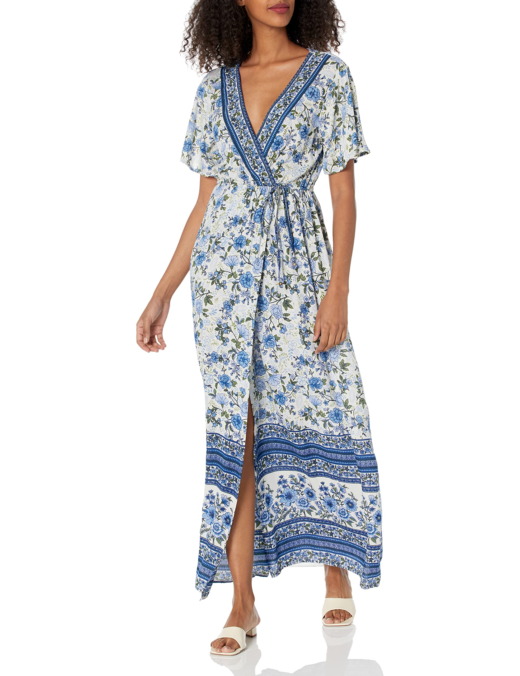 Angie Women's Short Sleeve Faux Wrap Maxi Dress - Flowy Summer Beach Dress for Vacation, Date Night & Casual Wear