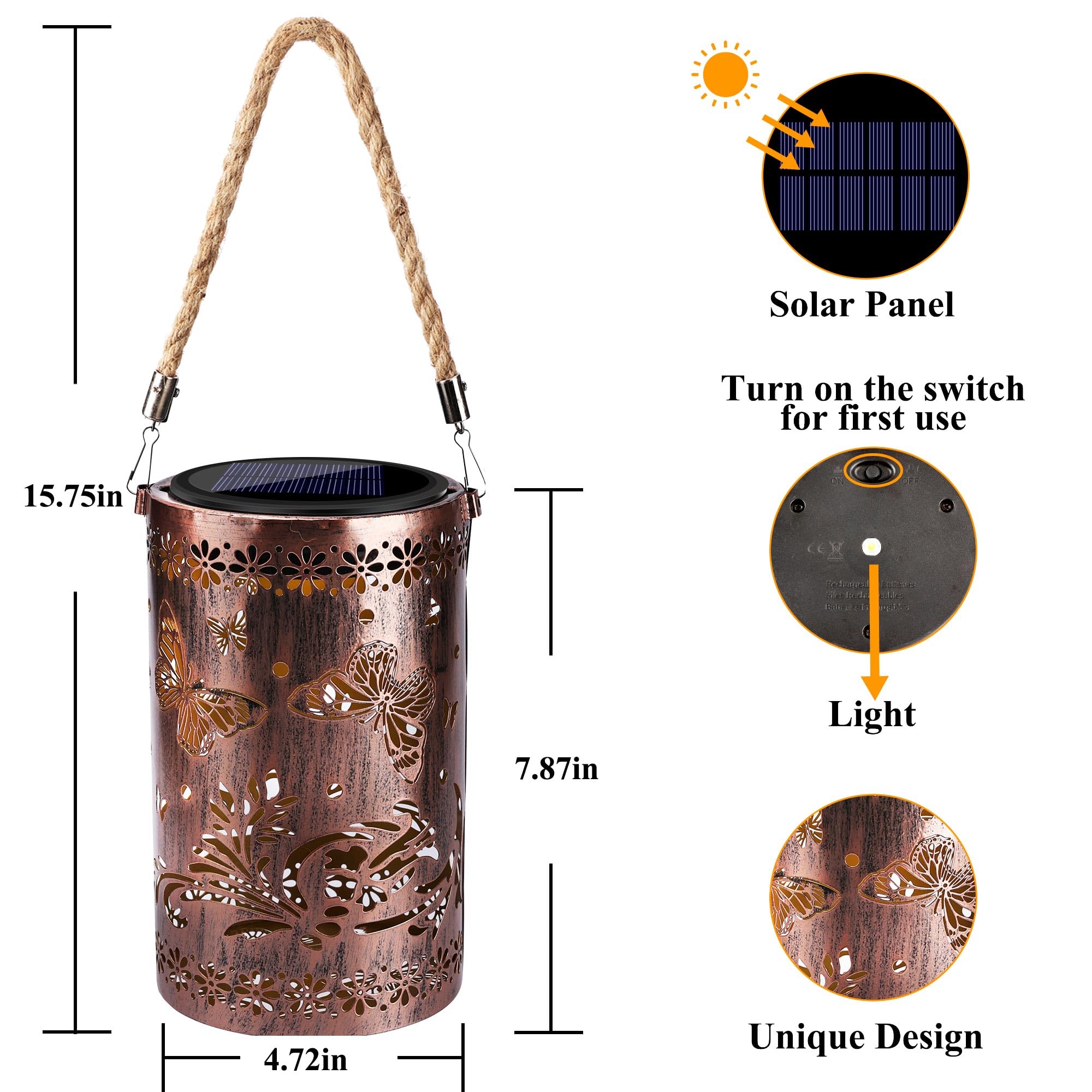 Solar Powered Outdoor Lantern - Waterproof Hollow Metal Butterfly Garden Lights for Patio, Balcony, Yard & Walkway | Decorative Solar Lighting for Outdoor Spaces, Evening Ambiance & Landscape Decor