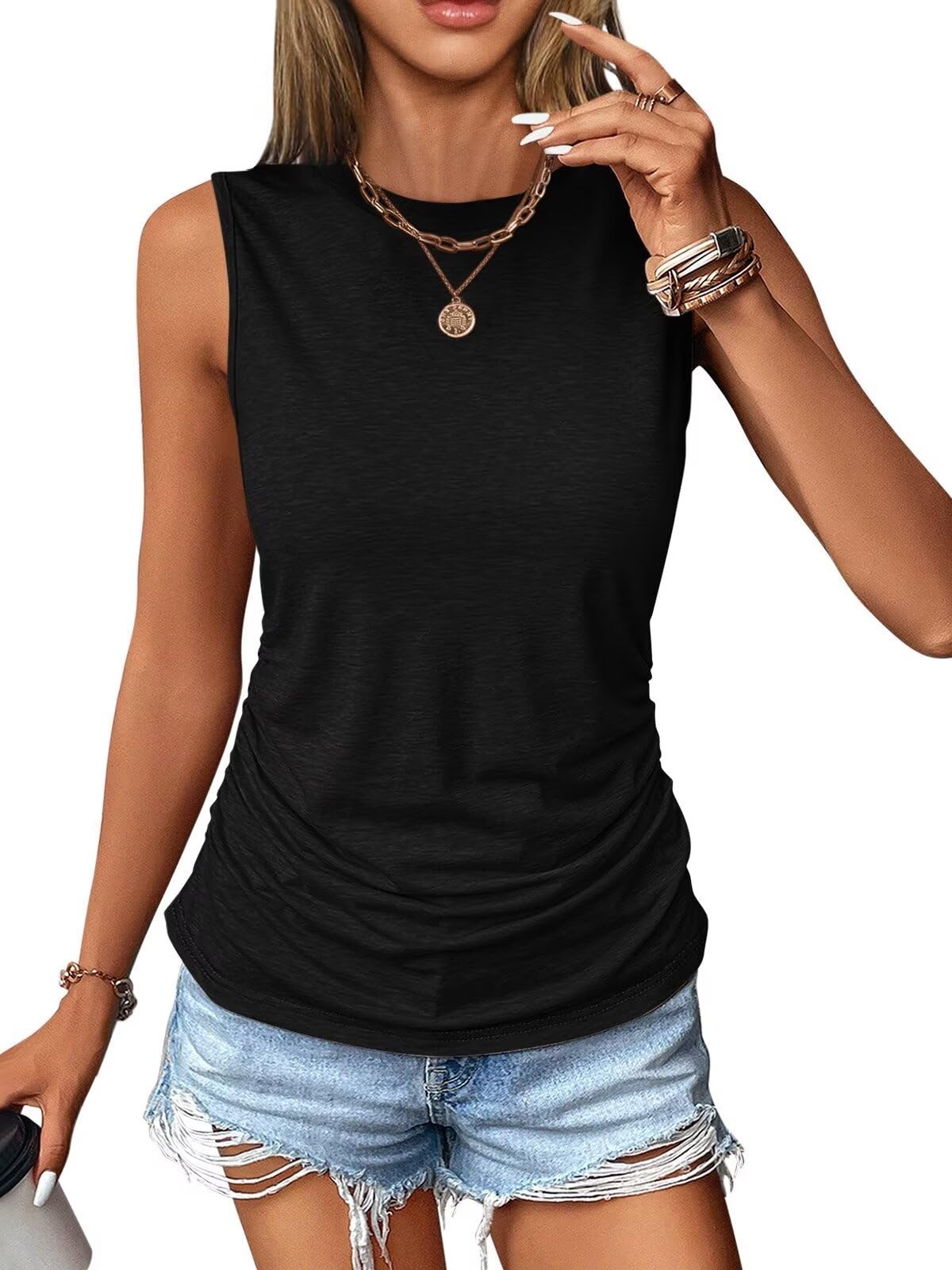 Women's Ruched Tank Tops - Slim Fitted Crewneck Sleeveless Shirts for Casual Spring & Summer Wear | Trendy 2025 Fashion | Perfect for Beach Outings, Date Nights & Weekend Brunch