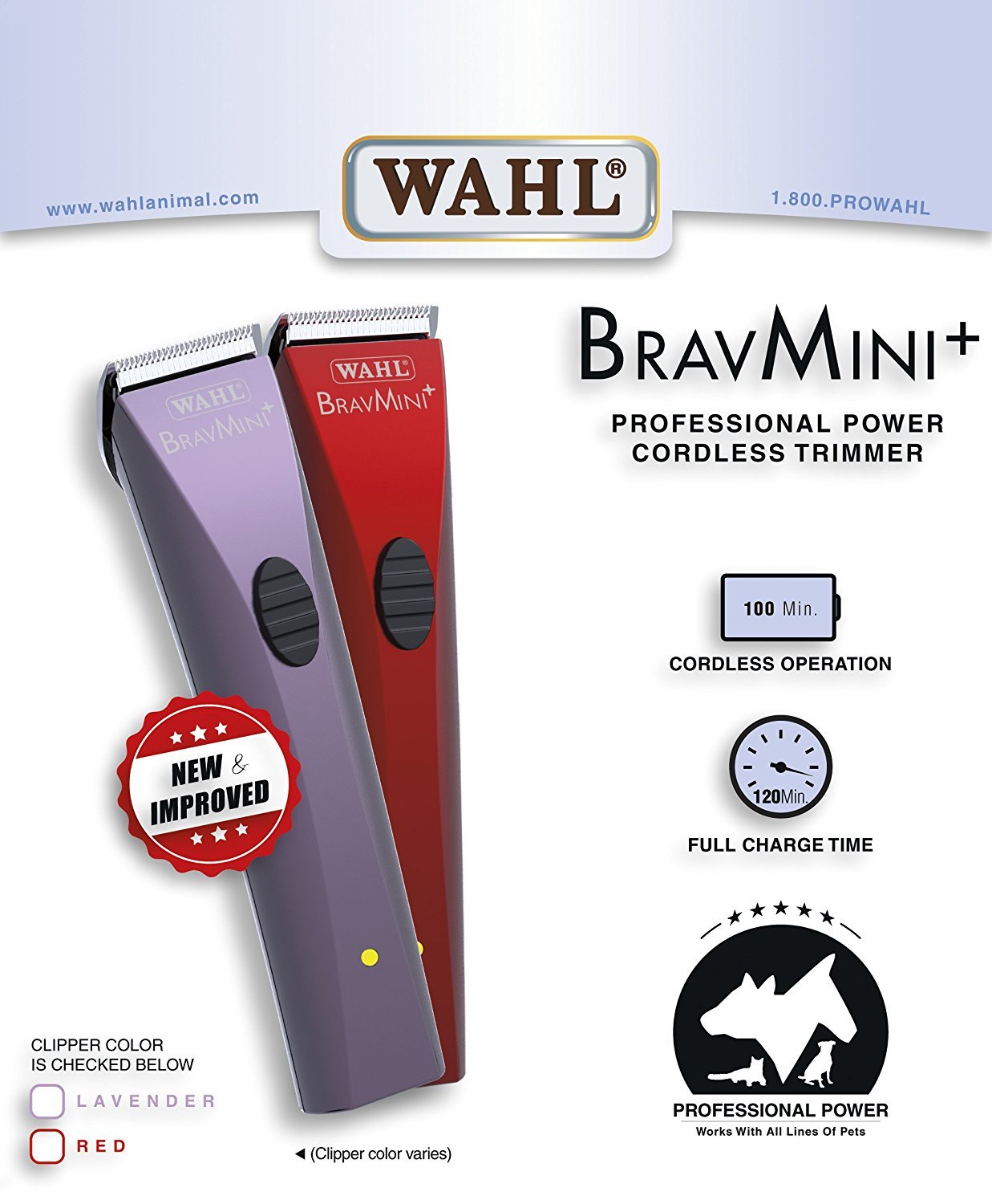 WAHL BravMini+ Professional Cordless Pet Grooming Clipper for Dogs & Cats - Rechargeable Lavender Pet Hair Trimmer with Bonus Blade Brush | Perfect for Home Grooming & Professional Pet Styling