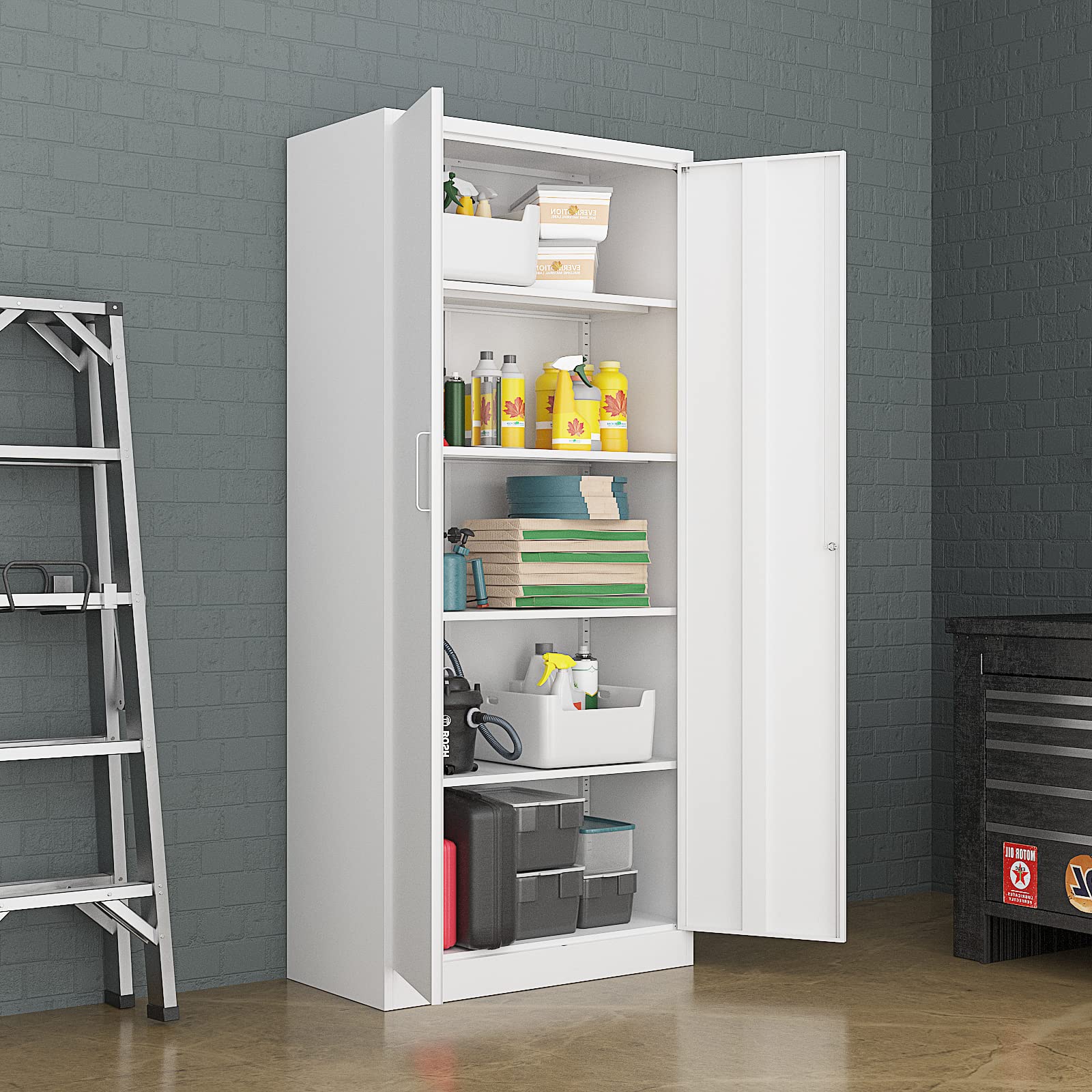 71-inch Tall Metal Garage Storage Cabinet with Adjustable Shelves & Locking Doors - Heavy Duty Tool Cabinet for Garage, Office, Home, School & Gym Organization (White) - Perfect for Storing Tools, Equipment & Supplies Safely