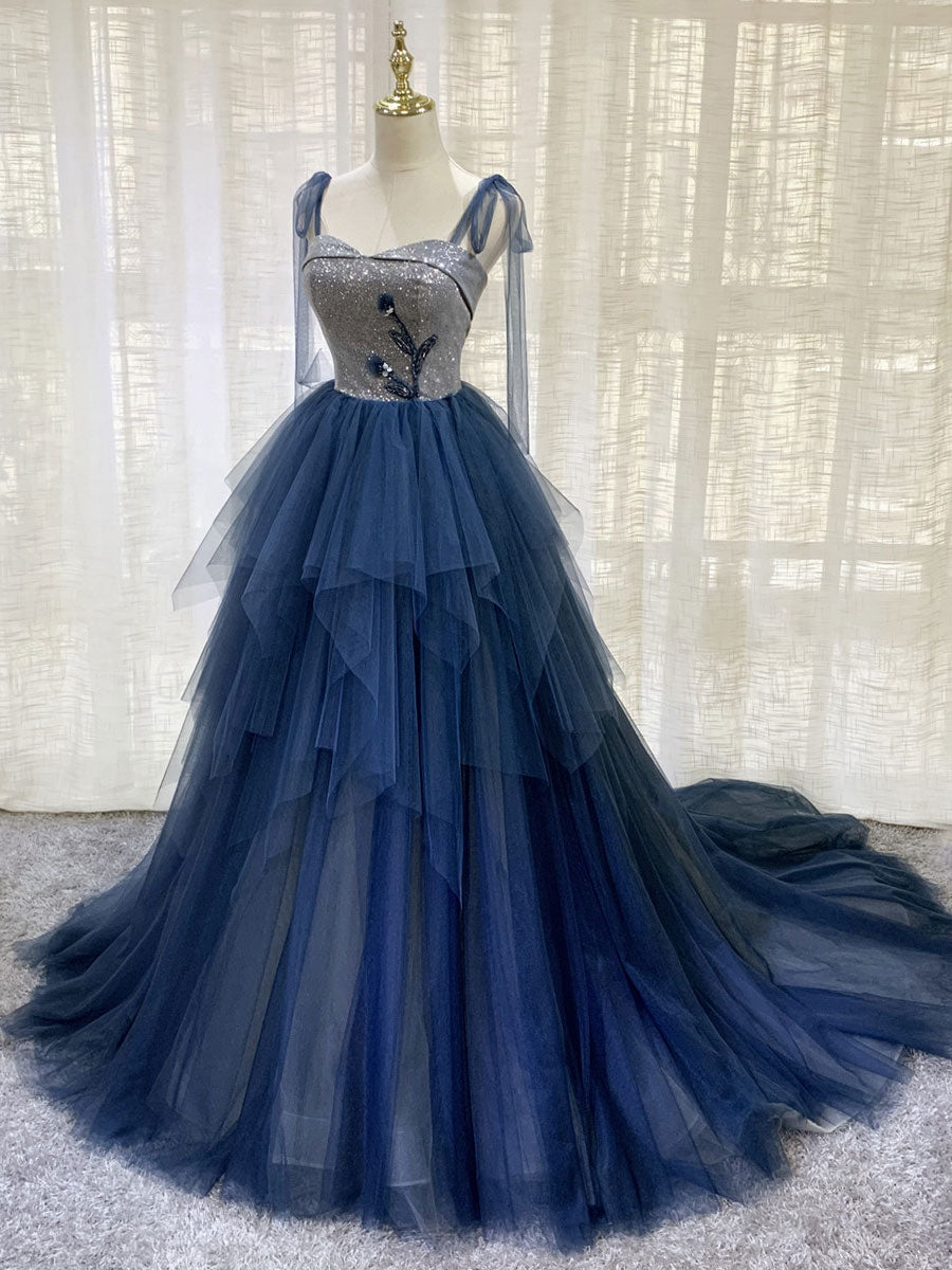 Elegant Blue Tulle Long Prom Dress & Evening Gown for Women - Perfect for Formal Dances, Weddings & Special Occasions