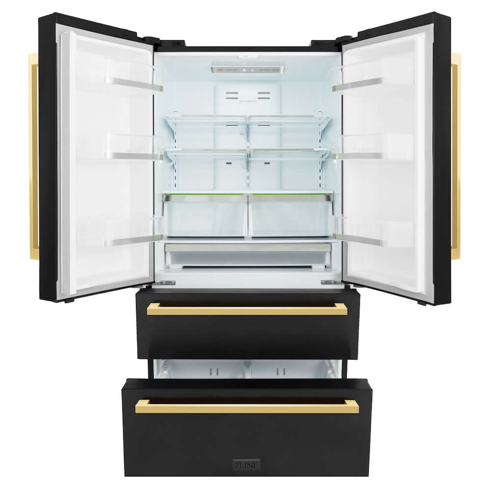 ZLINE Autograph Edition 36 Inch Counter Depth French Door Refrigerator - 22.5 cu ft Capacity, Fingerprint Resistant Black Stainless Steel with Polished Gold Handles, Built-in Ice Maker (RFMZ 36 BS FG) - Perfect for Modern Kitchens, Open Concept Homes & Luxury Appliances Collection