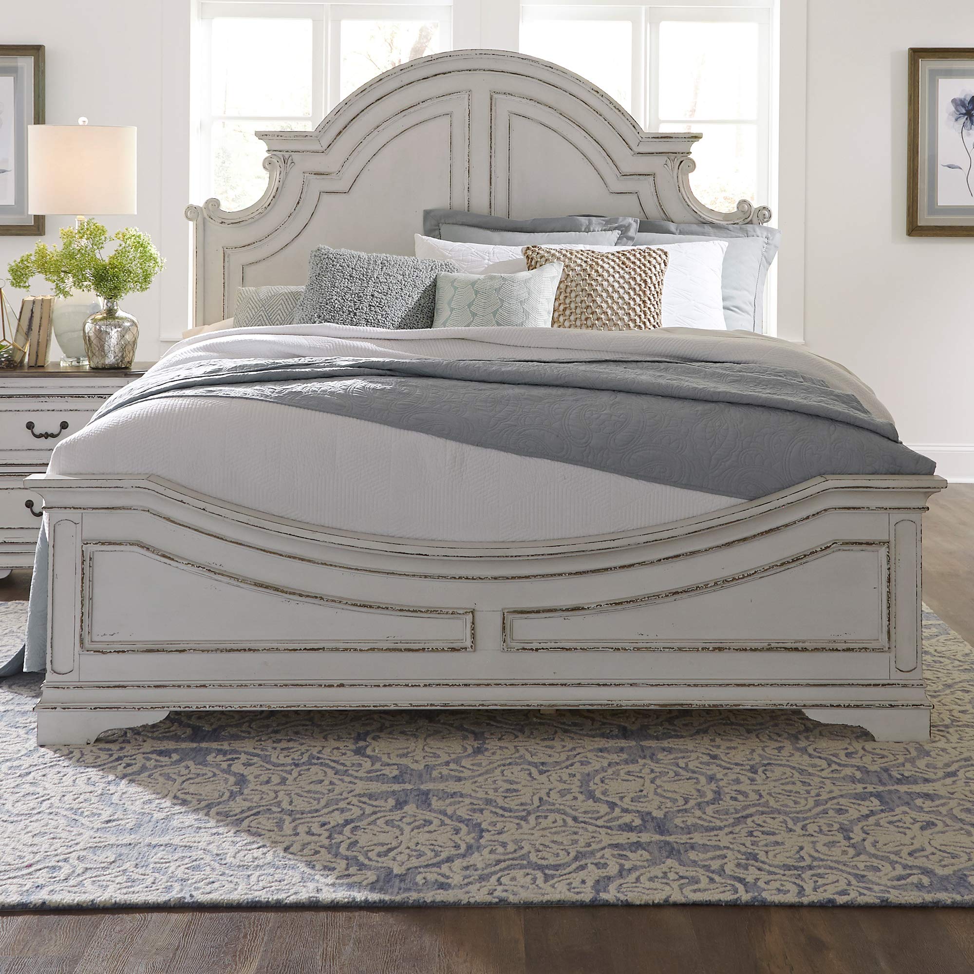 Liberty Furniture Magnolia Manor King Size Panel Bed - Antique White Finish | Elegant Bedroom Furniture for Master Suite & Guest Room