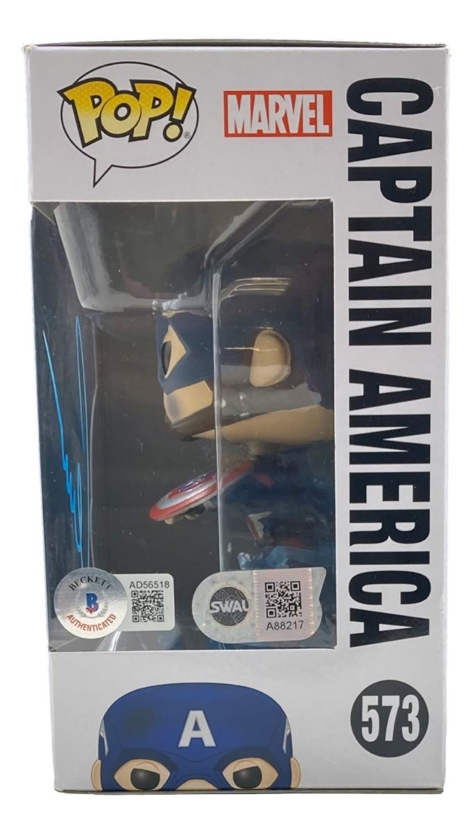 Chris Evans Signed Captain America Funko Pop #573 Endgame - Blue Variant with BAS LOA | Marvel Collectible for Display & Gifting