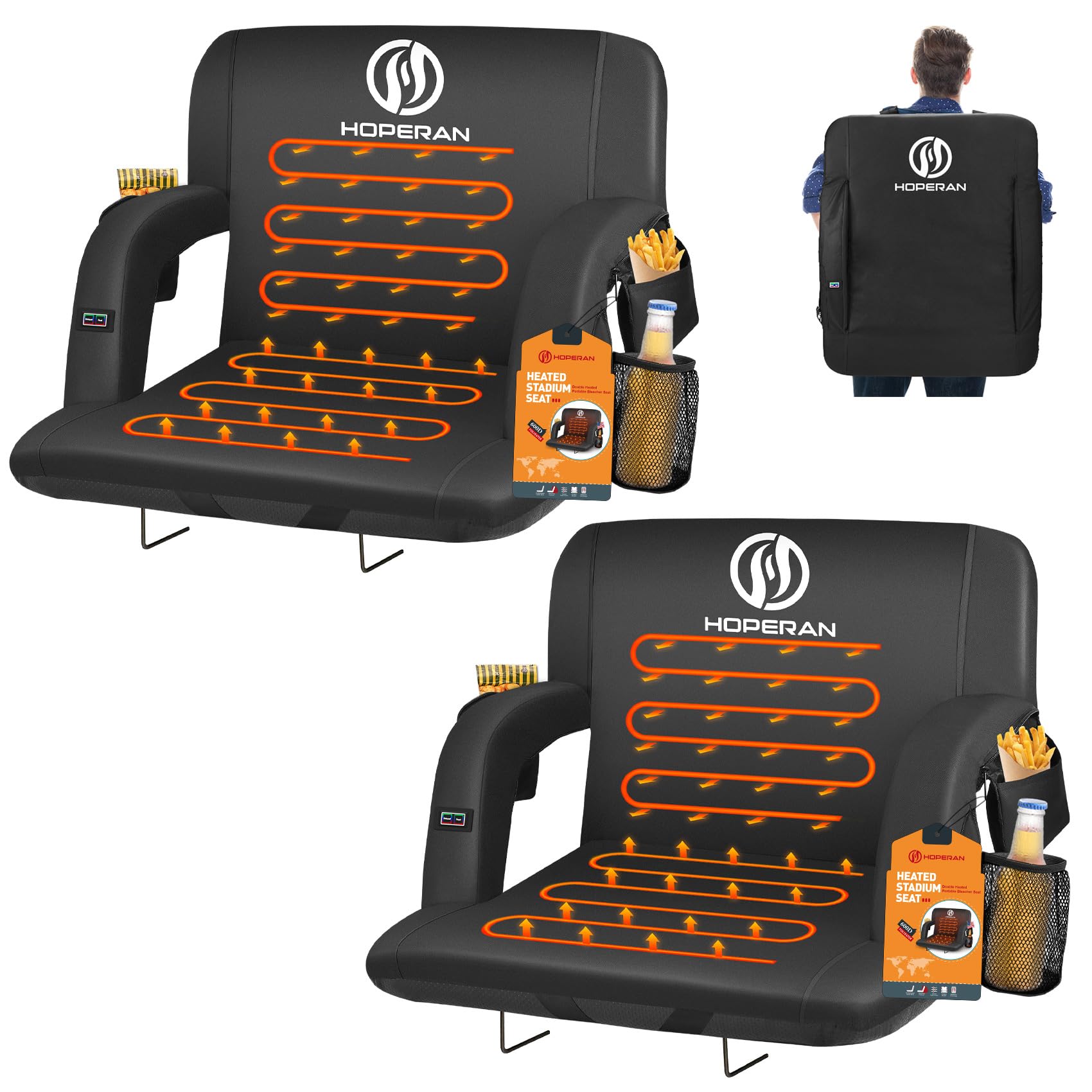 HOPERAN Portable Heated Stadium Seat with Back Support & Cushion - 3-Level Adjustable Heating for Outdoor Sports, Football Games, Camping & Winter Events - Water-Resistant Bleacher Chair for Cold Weather Comfort