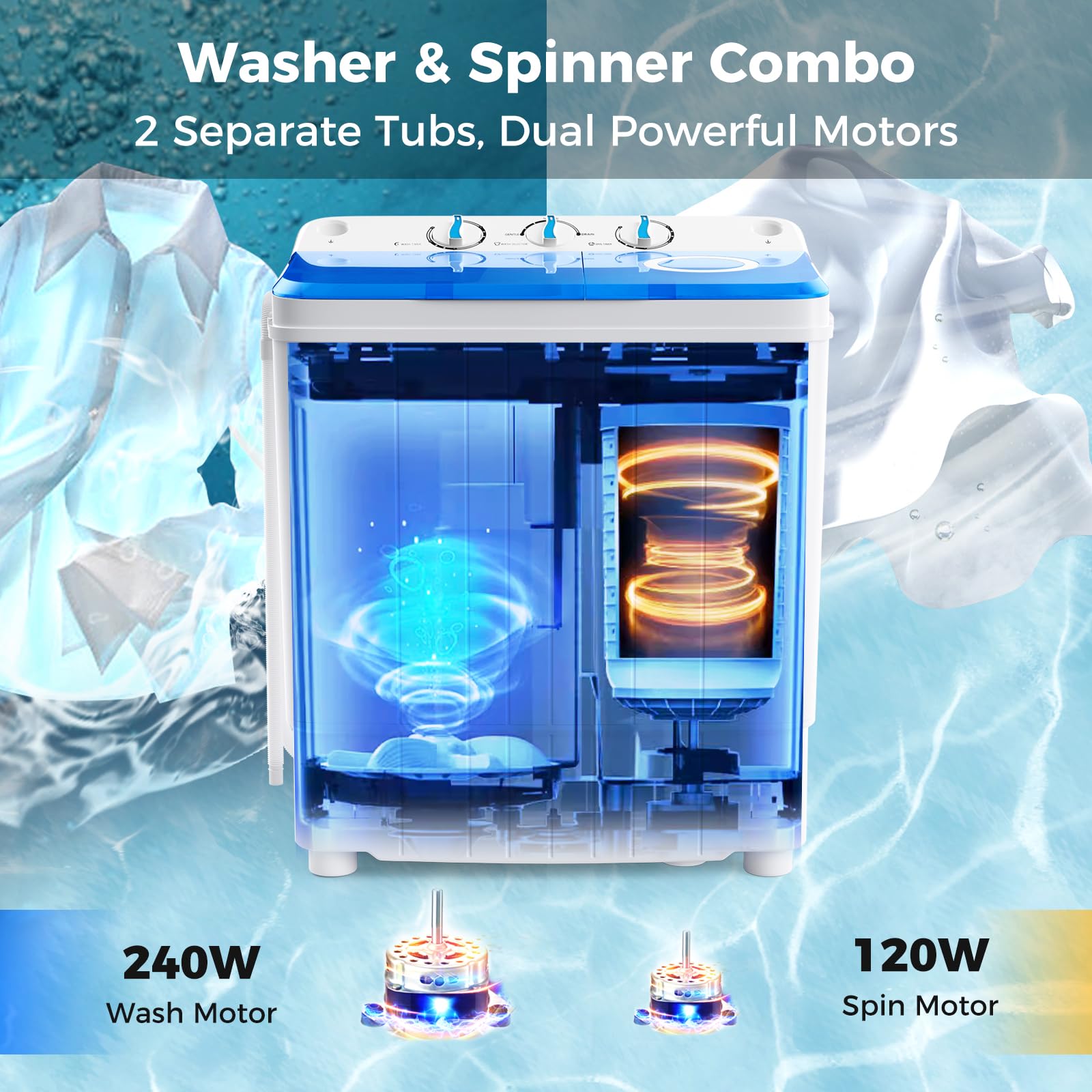 Giantex Portable Twin Tub Washing Machine 17.6lbs Compact Washer & Spinner Combo with Pump Drain - 11lbs Wash & 6.6lbs Spin Capacity - Ideal for Apartments, RVs, Dorms & College Students (White & Blue) - Perfect for Small Spaces & Travel Laundry Needs