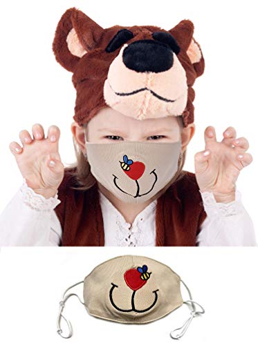 Sunne Tropical Embroidered Bear Brown Face Masks for Kids 4-12 Years - Boys & Girls Costume Accessories for Halloween, Dress-Up & School Plays