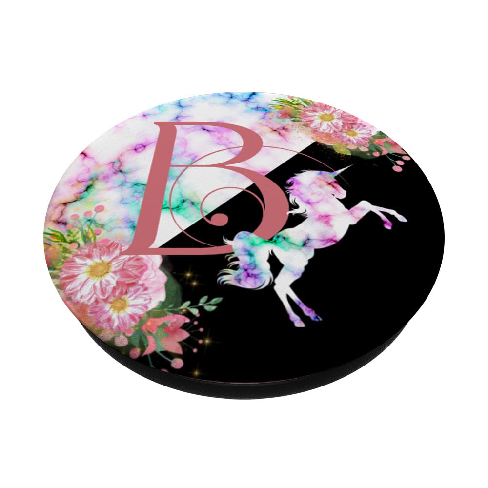 Rose Pink Letter B Initial Unicorn Monogram PopSocket - Adhesive Phone Grip & Stand for iPhone, Samsung, Smartphones - Perfect for School, Work, Travel & Daily Use