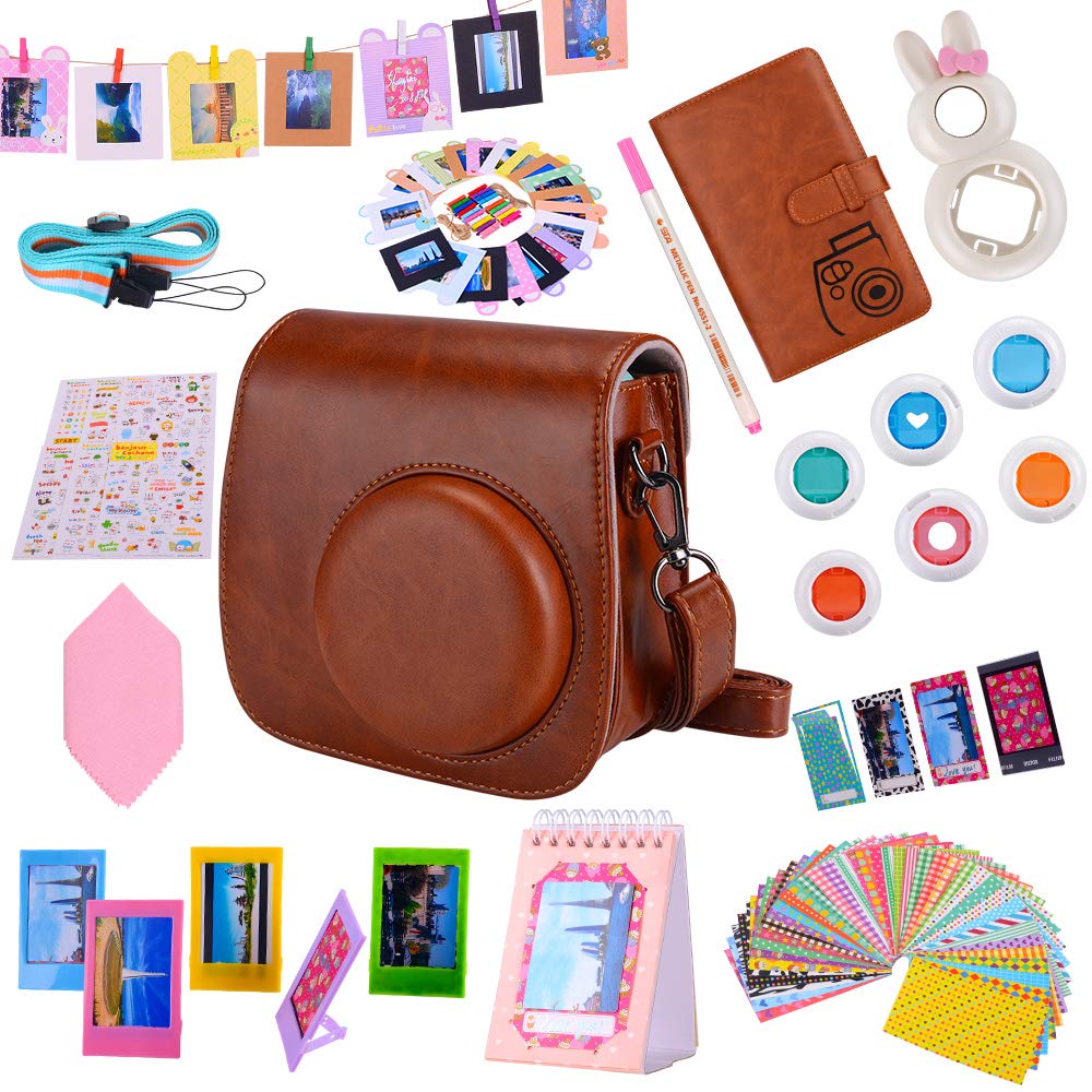 Tiessic Fujifilm Instax Mini 9/8/8+ Camera Accessories Bundle - 14-Piece Set with Mini 9 Case, 108-Photo Album, Stickers & More (Brown) - Perfect for Travel, Parties, and DIY Scrapbooking