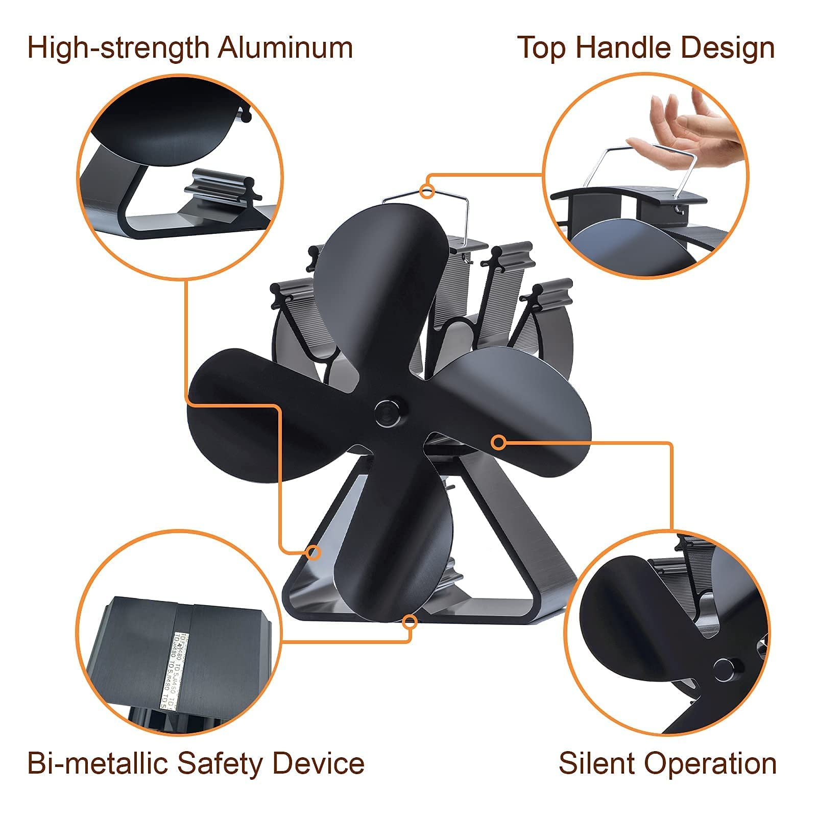 4 Blades Wood Stove Fan VDSF624 - Efficient Heat Circulation for Fireplace, Cabin, and Home Heating - Eco-Friendly Silent Operation for Winter Warmth