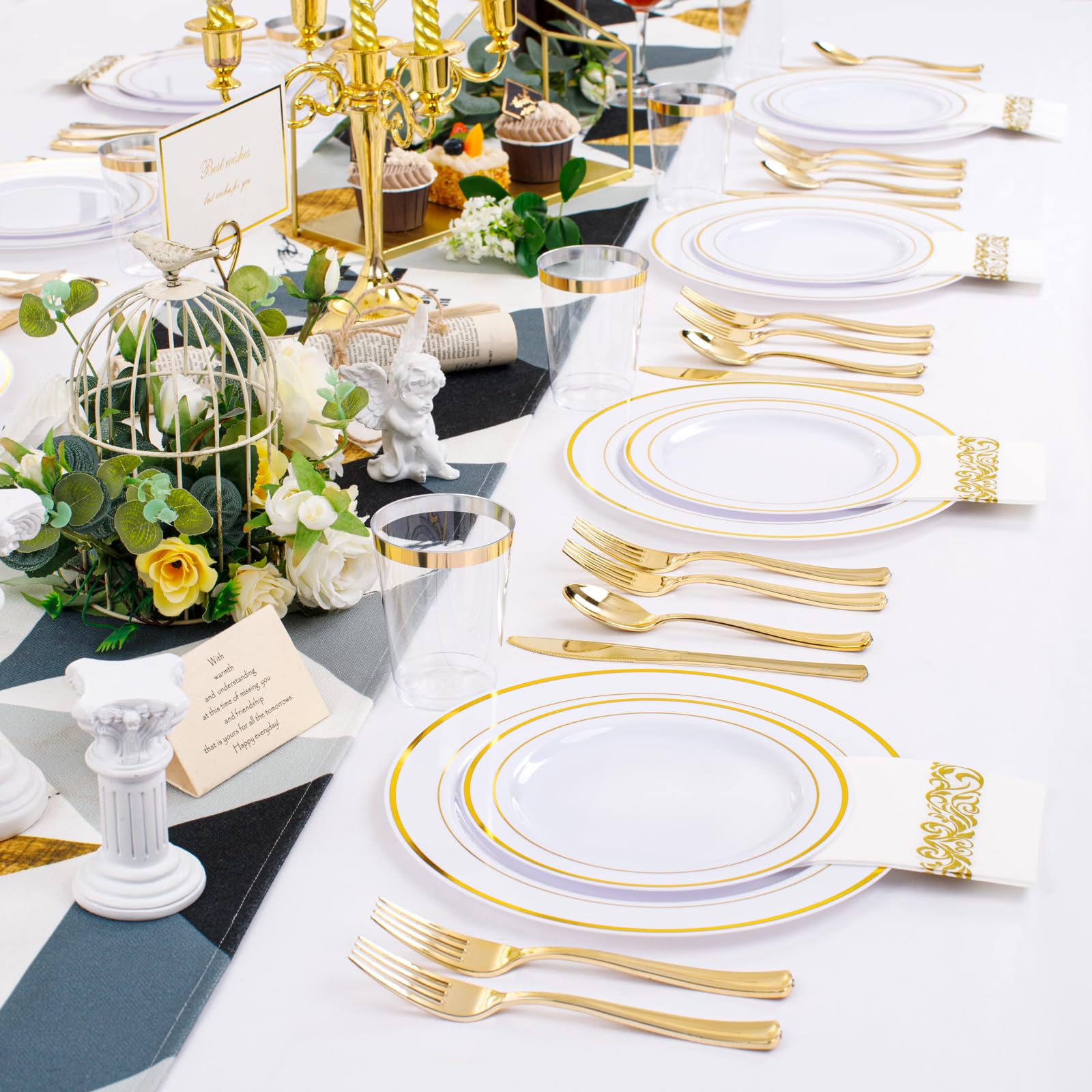 350-Piece White and Gold Plastic Dinnerware Set - Includes 100 Plates, 50 Gold Plastic Silverware, 50 Paper Napkins & 50 Cups - Perfect for Weddings, Parties, and Events - Elegant Disposable Tableware for Easy Cleanup