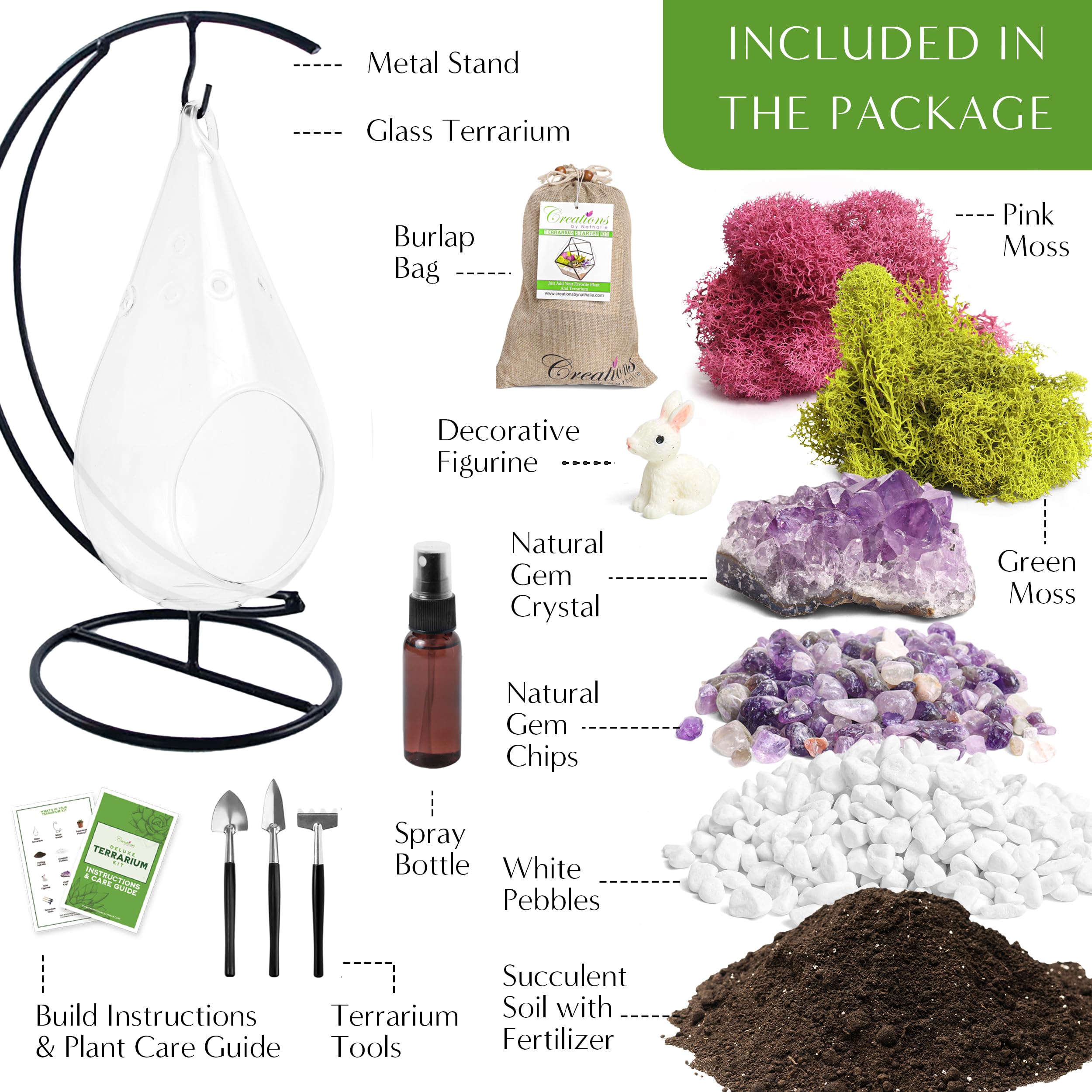 DIY Glass Terrarium Kit with Metal Stand - Complete Starter Set for Adults Includes Reindeer Moss, Crystals, Rocks, Tools & Mini Figurines | Perfect for Home Decor, Office Desk, Gift Ideas & Plant Lovers