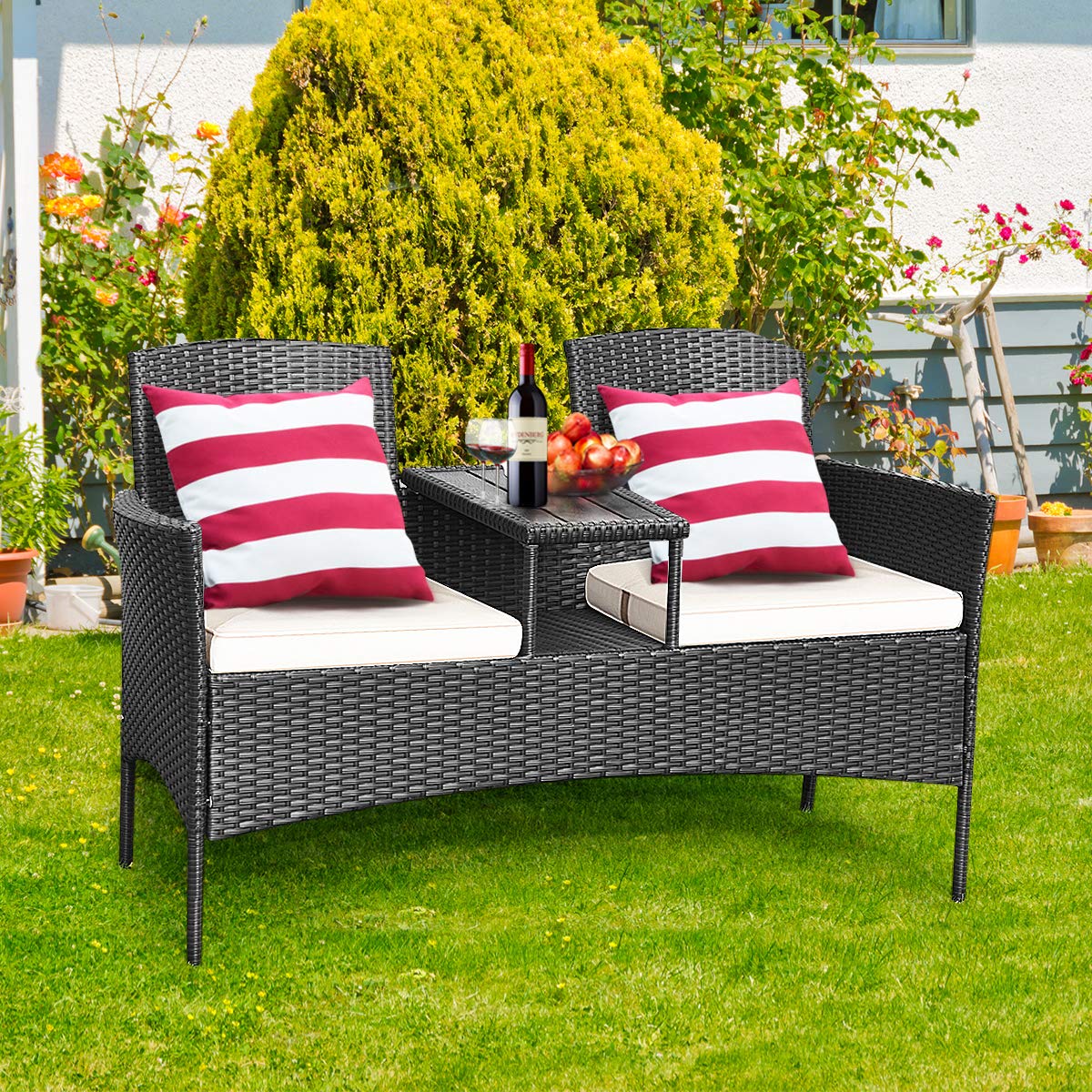 Modern White Outdoor Rattan Loveseat Sofa Set with Cushions & Glass Table - Patio Conversation Furniture for Garden, Lawn, Backyard - Perfect for Relaxing, Entertaining Guests, and Enjoying Outdoor Gatherings