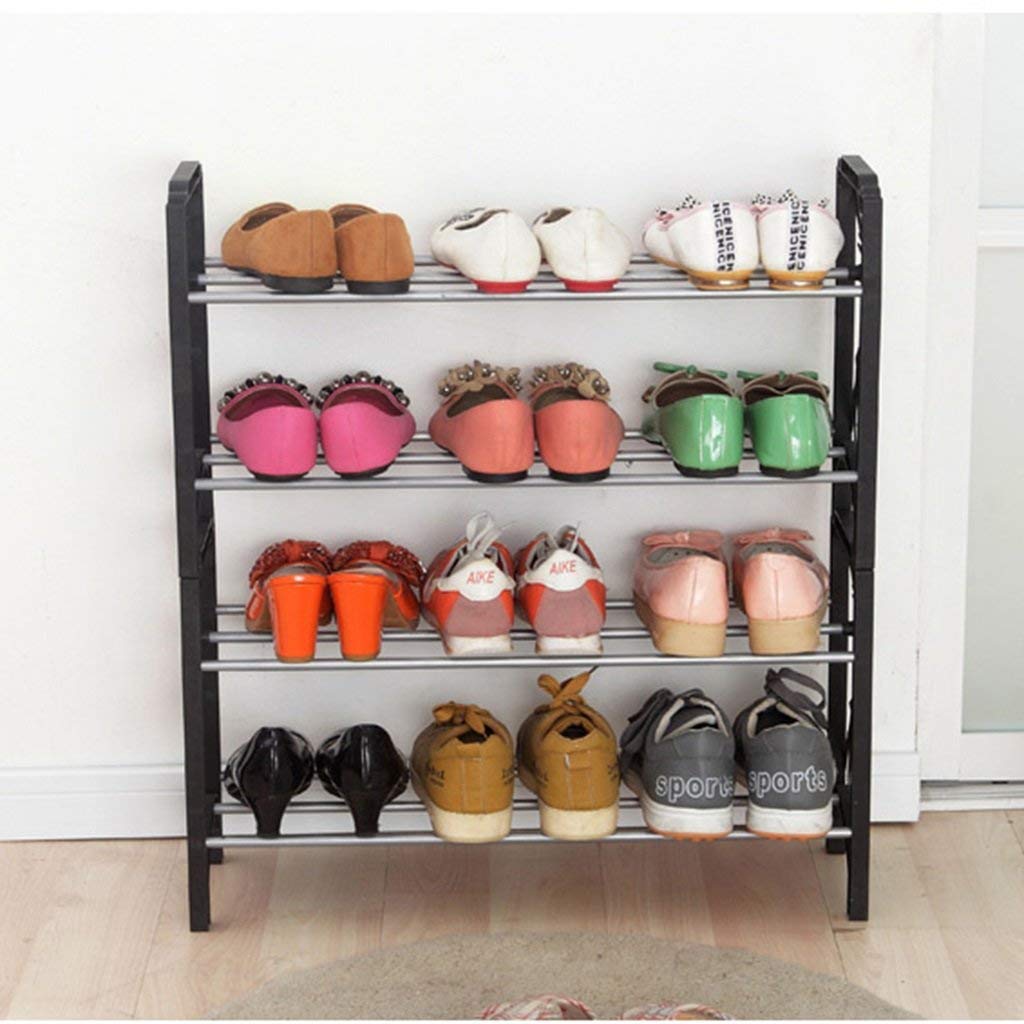 4-Tier Stackable Shoe Organizer - Expandable Plastic Shoe Rack for Boots & Shoes - Space Saving Storage Shelf for Entryway, Closet, Balcony & Corner (Black)