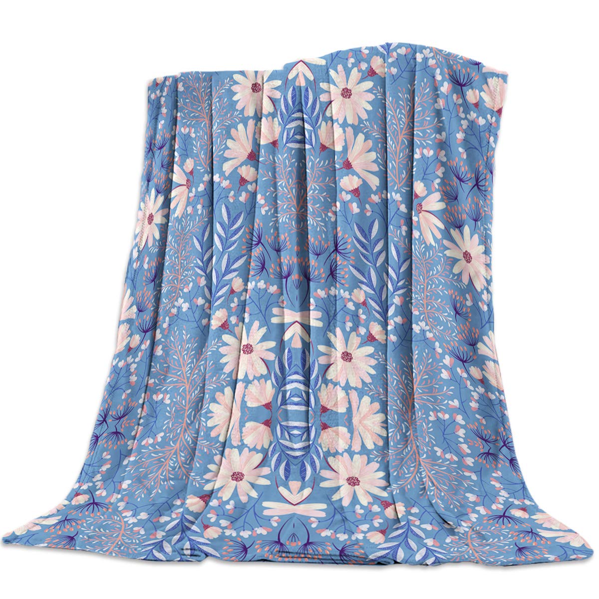 Soft Flannel Fleece Throw Blanket for Nursery - Blue Floral Plush Blanket 60