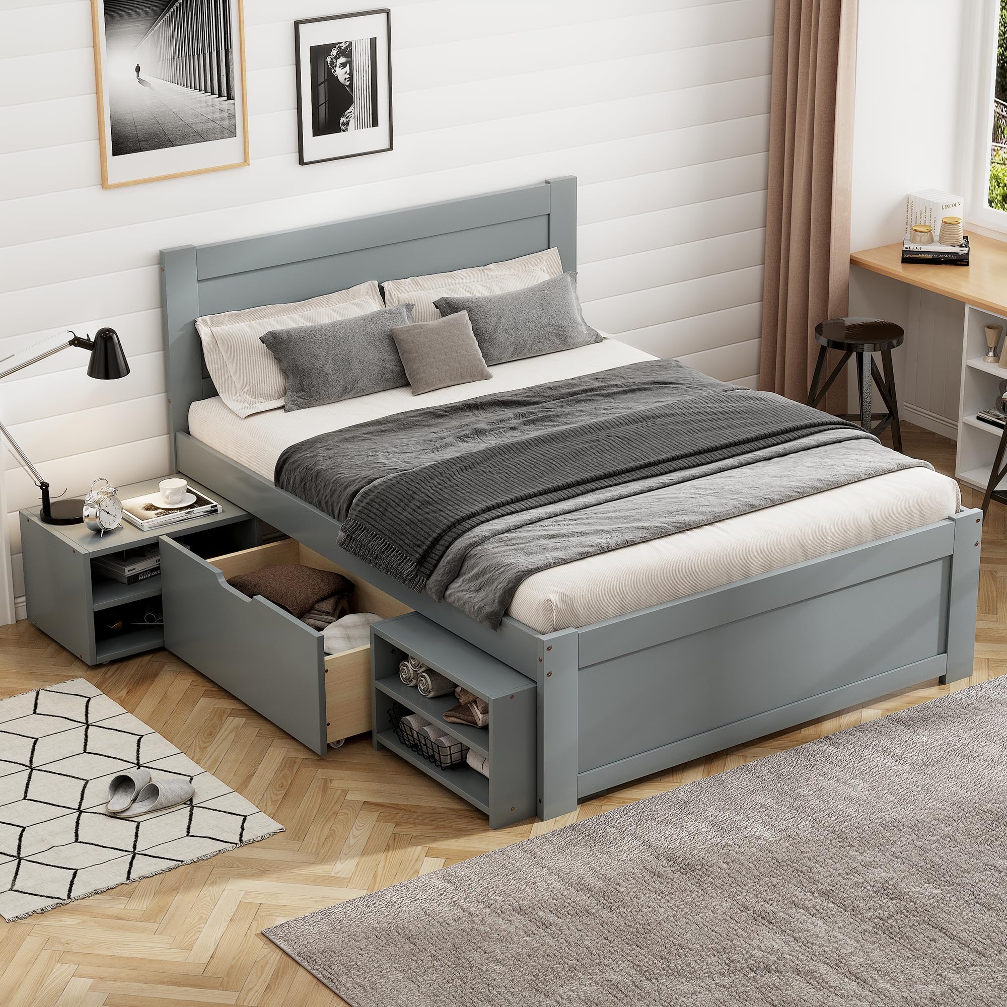 Merax Twin Size Wooden Platform Bed with Storage - Underbed Drawer, Shelves & Rolling Rack for Kids Bedroom - Space-Saving Grey Bed Frame for Boys and Girls | Perfect for Small Rooms, Dorms & Apartments