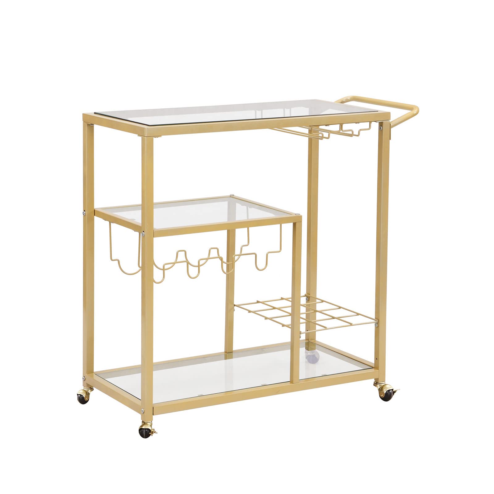 Gold Rolling Bar Cart with Wheels - 3-Tier Mobile Serving Cart with Wine Glass Holders for Kitchen, Home Bar, Party & Dining Room - Perfect for Entertaining, Cocktail Serving & Wine Storage