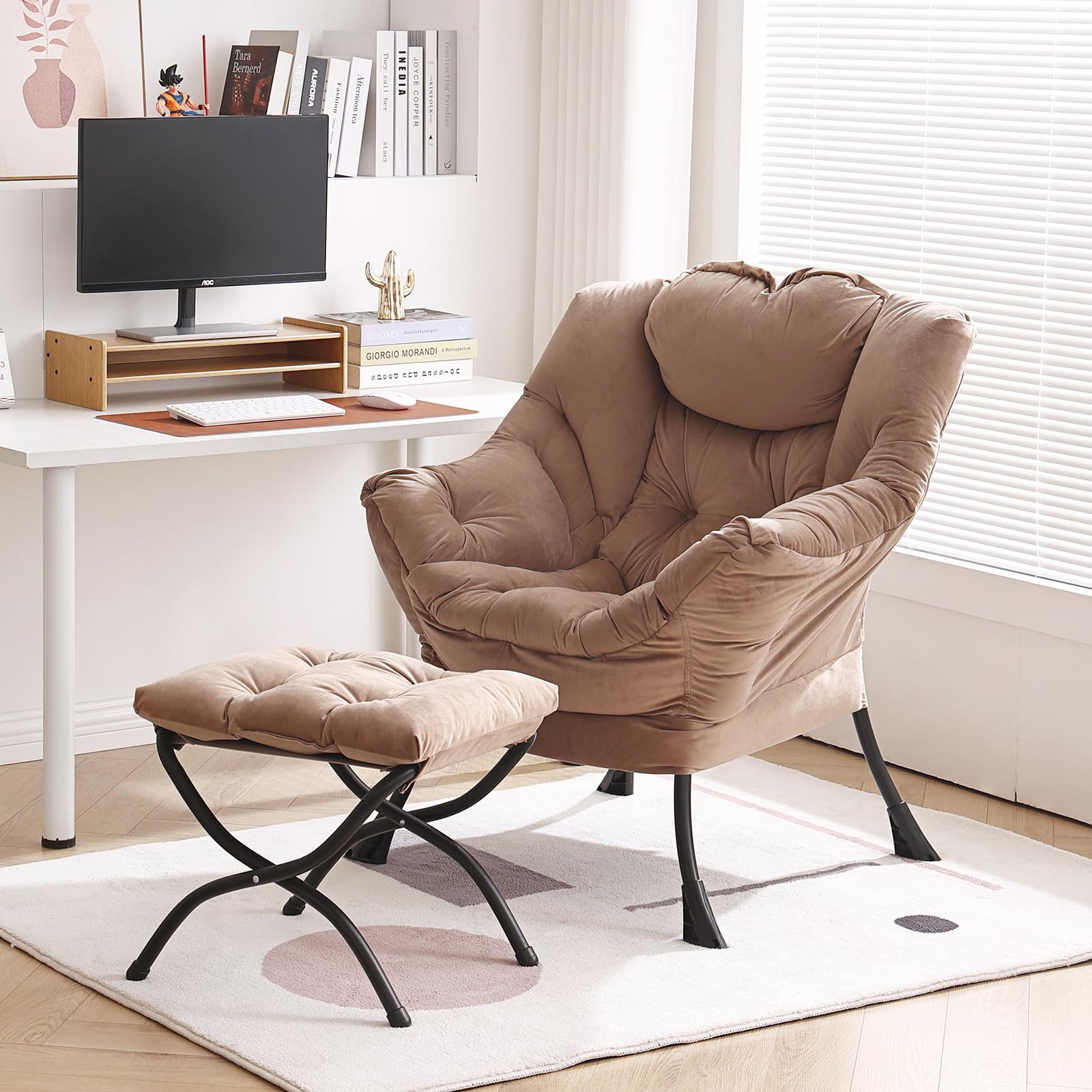Modern Lazy Chair with Ottoman - Folding Footrest Lounge Accent Chair for Bedroom, Living Room & Study - Oversized Comfortable Reading Armchair - Perfect for Relaxing, Napping & Courtyard Lounging (Khaki)