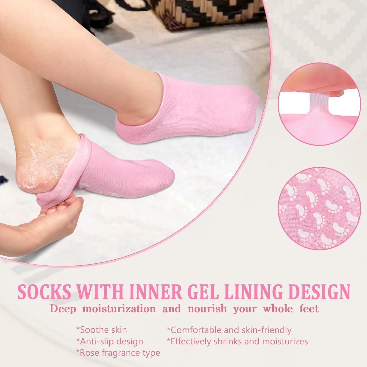 JOYHILL Moisturizing Gel Socks for Dry Cracked Feet - Heel Repair & Spa Care for Women/Men - Pink