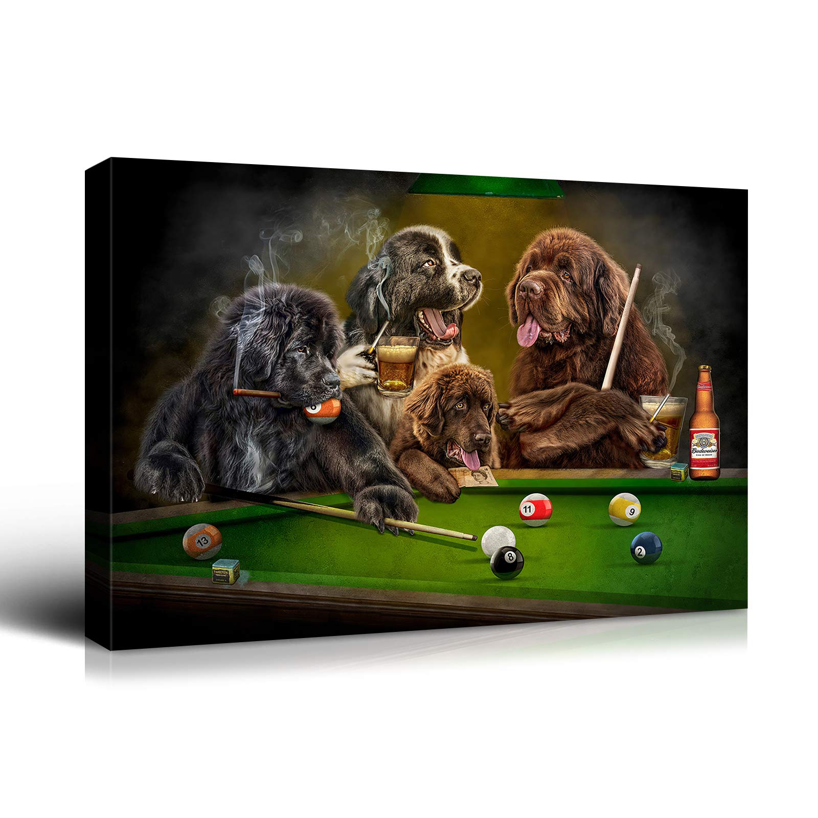 Denozer - Dogs Playing Pool by Cassius Marcellus Coolidge - Premium Oil Painting Reproduction on Gallery-Wrapped Canvas (48x36 Inch) - Ready to Hang Billiards Game Artwork for Entertainment Room, Man Cave & Game Room Wall Decor