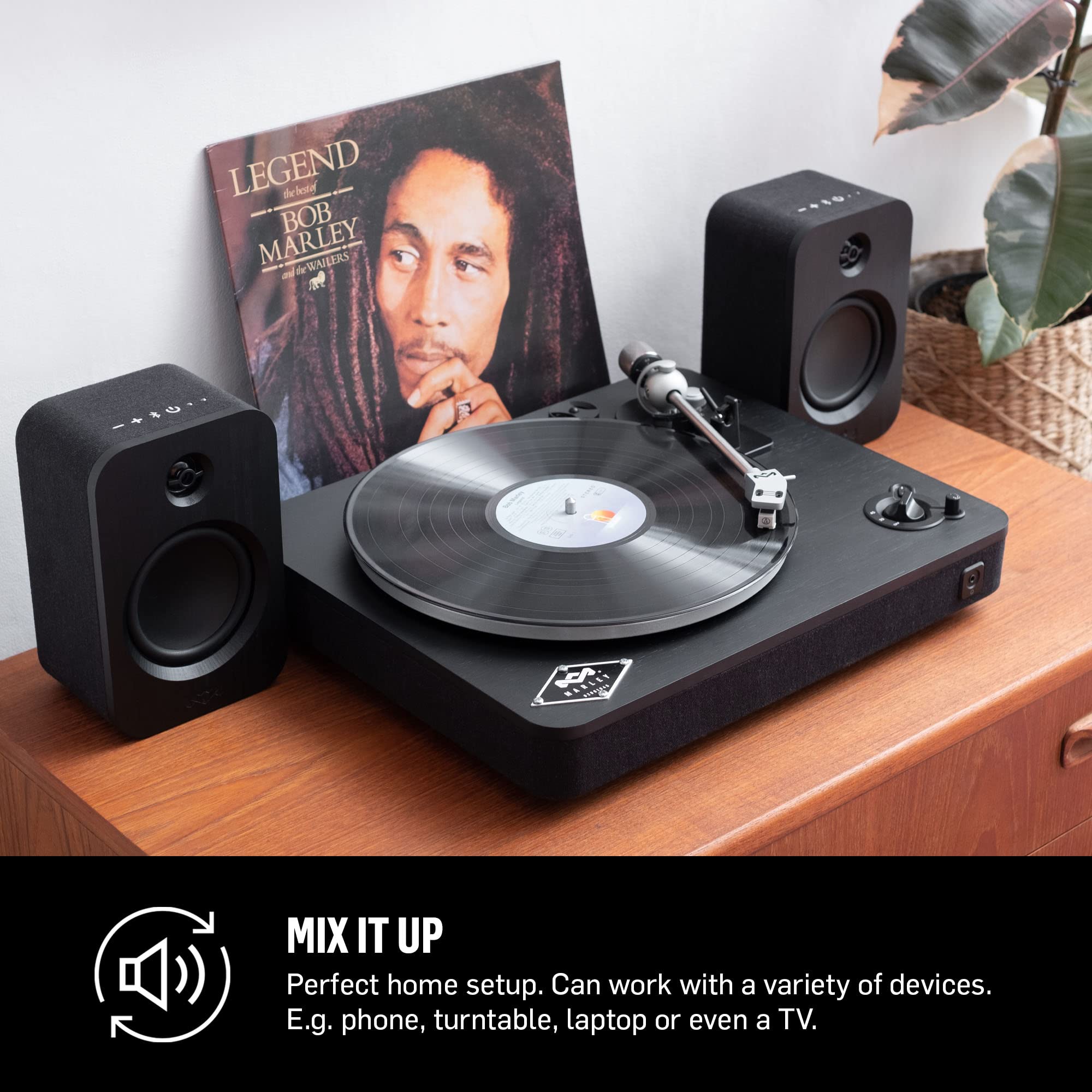 House of Marley Get Together Duo Wireless Bluetooth Bookshelf Speakers - High Definition Active Speakers with AUX Input, Turntable & Vinyl Record Player Compatibility - Sustainable Eco-Friendly Design for Home, Office & Music Studio Use