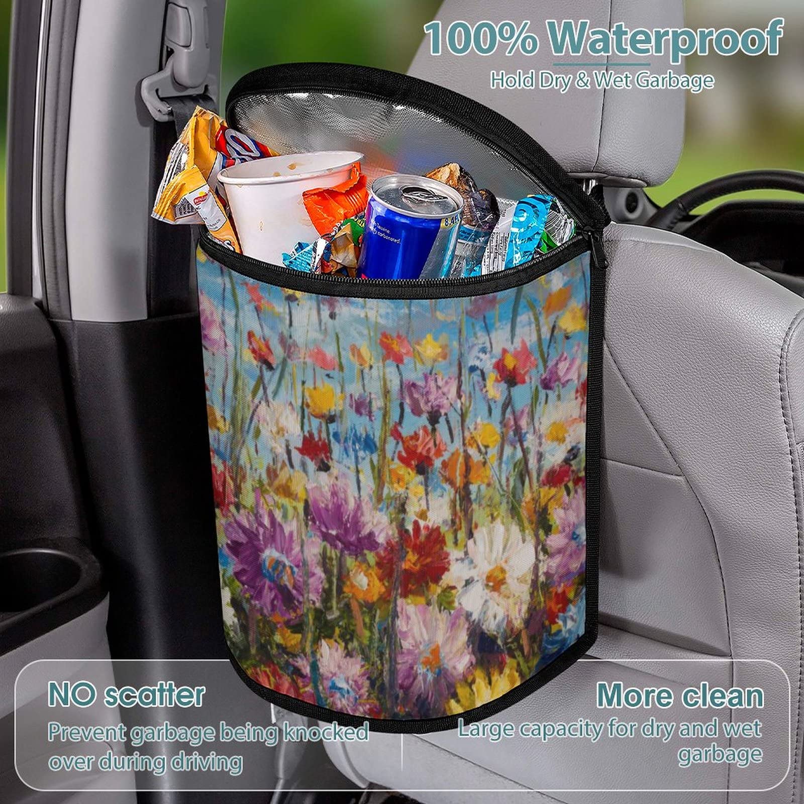 Niapessel Car Trash Can with Lid - Waterproof Leak-Proof Hanging Garbage Bin for Cars, Trucks & SUVs | Beautiful Floral Pattern | Perfect for Road Trips, Commuting & Keeping Your Vehicle Clean