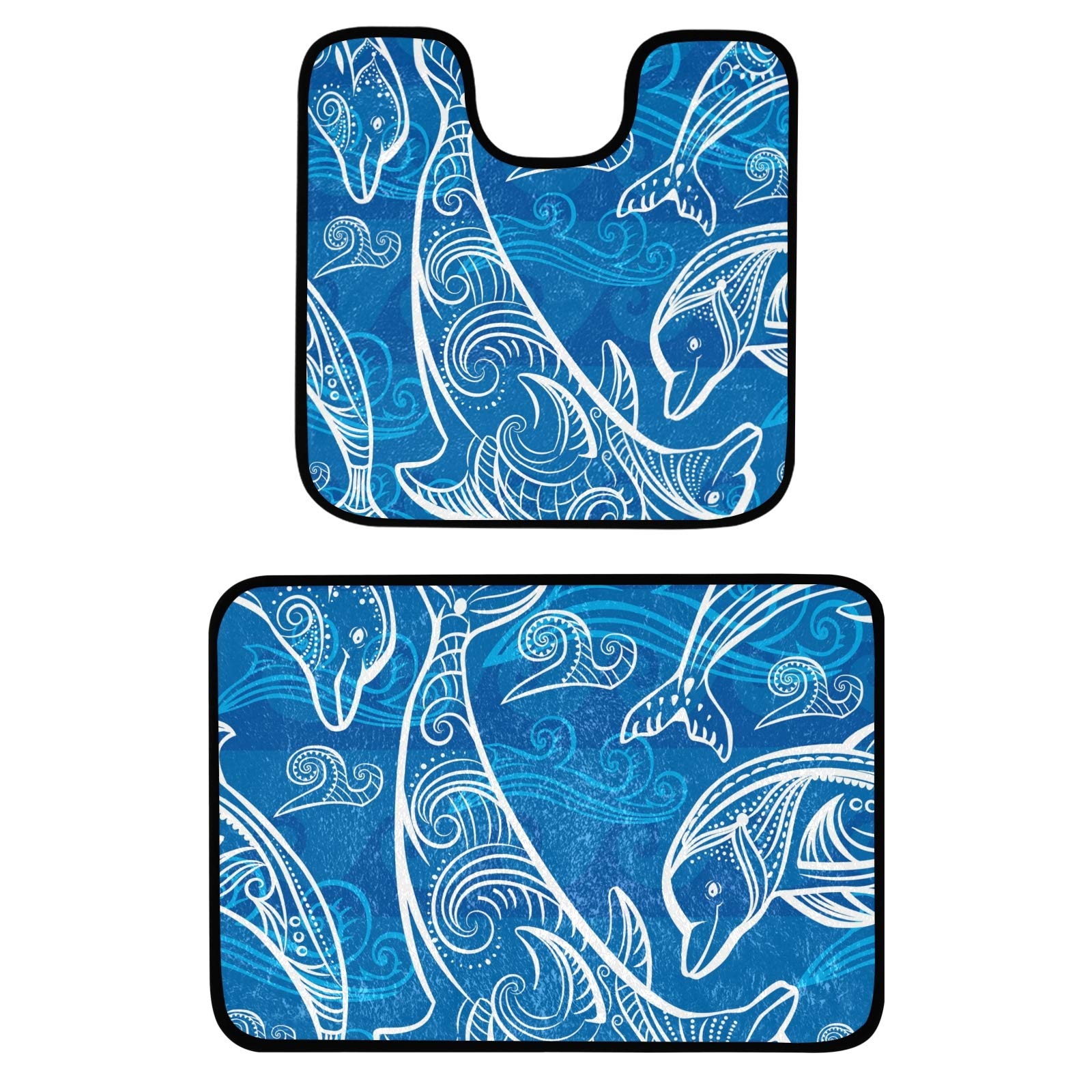Non-Slip Dolphin Print Bath Mat Set - 2 Piece Plush Bohemian Blue Bathroom Rugs, Absorbent Shower Mat & U-Shaped Toilet Rug for Tub, Bathroom Decor | Perfect for Coastal, Boho & Beach House Themes