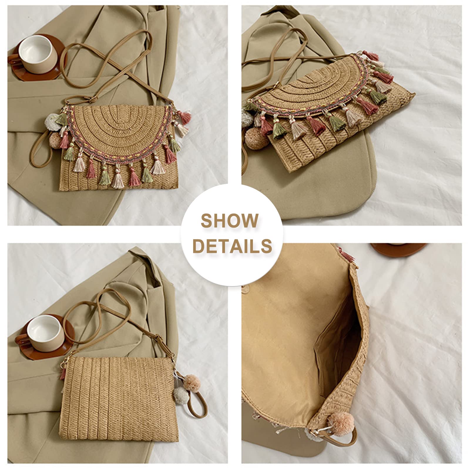 Women's Bohemian Straw Clutch Purse with Tassels - Crossbody Envelope Bag for Vacation, Travel & Daily Outfits (Khaki) - Perfect for Beach Trips, Festivals & Casual Wear