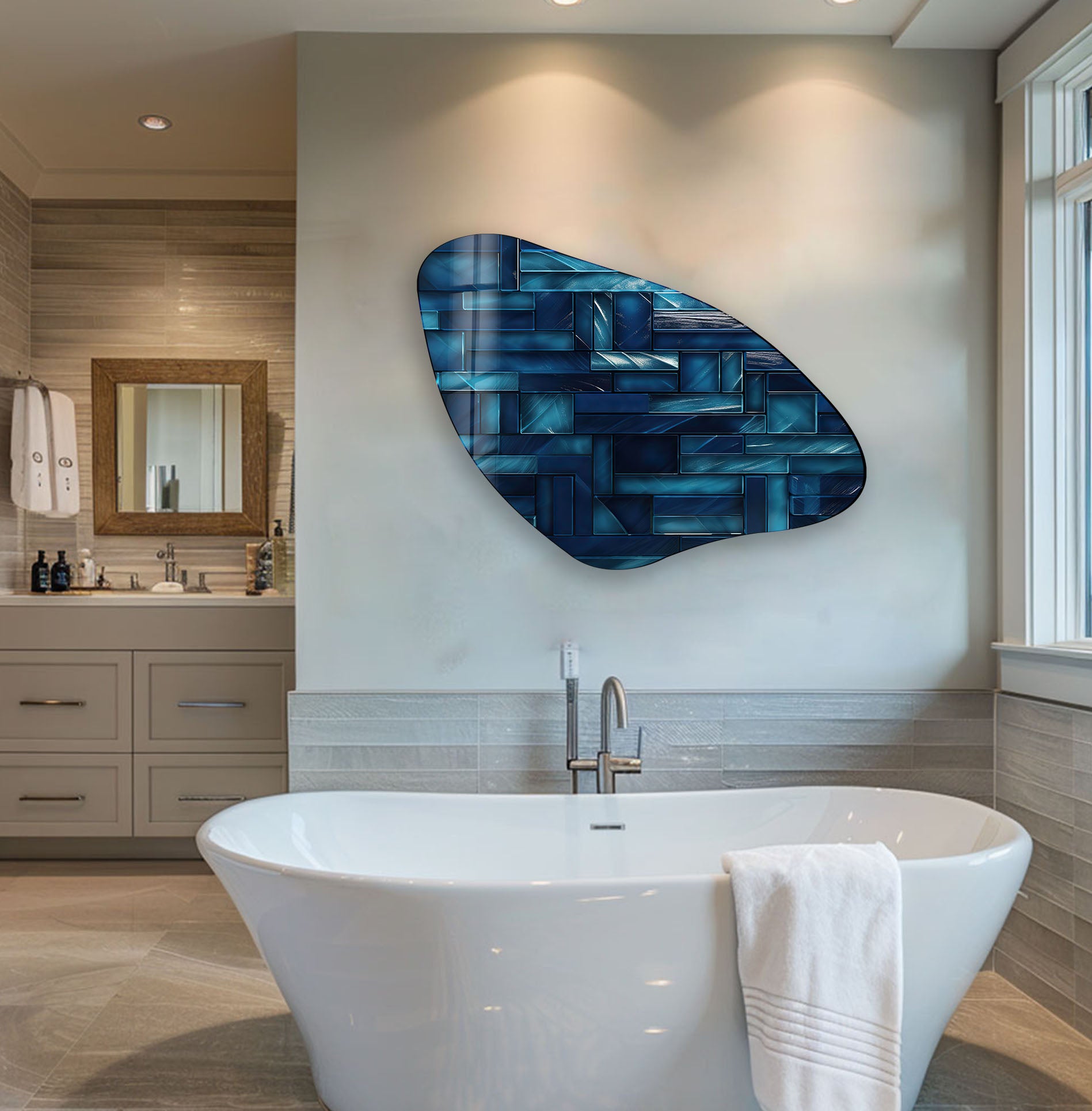 Blue Mosaic Tile Irregular Glass Wall Art - Handmade Decorative Mosaic for Kitchen Backsplash, Bathroom, and Living Room Decor