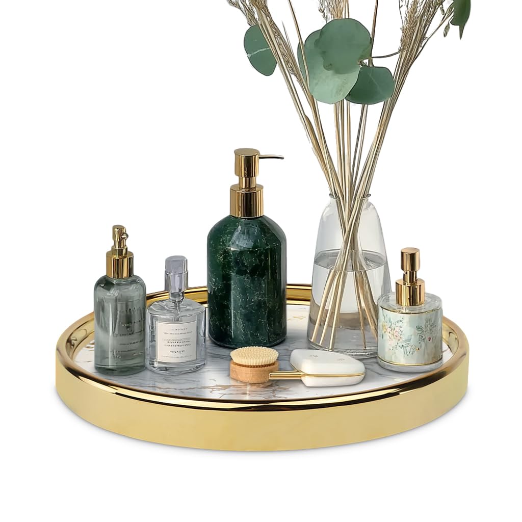 Luxury Round Marble Decorative Tray - Multi-Purpose Vanity Organizer for Jewelry, Perfume & Home Decor | Elegant Coffee Table Accent Tray for Bathroom, Bedroom & Living Room Storage