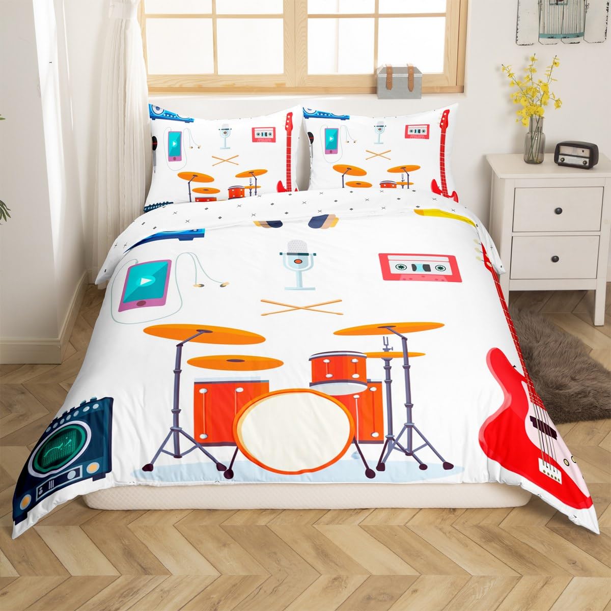 Boys Electric Guitar Bedding Set Full Size, Music Notes & Instruments Comforter Cover, Drum Kit Design for Kids, Girls, Teens, Hip Hop Style Duvet Cover with Speakers & Microphone, Perfect for Youth Bedrooms & Music-Themed Decor