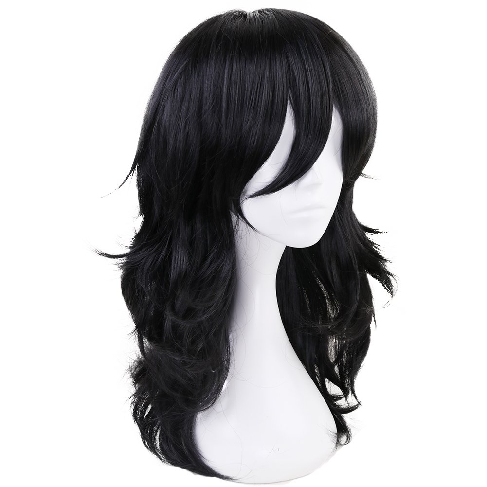Anogol Black Long Wavy Bangs Synthetic Cosplay Wig for Women - Perfect for Halloween Costumes, Cosplay Events & Themed Parties