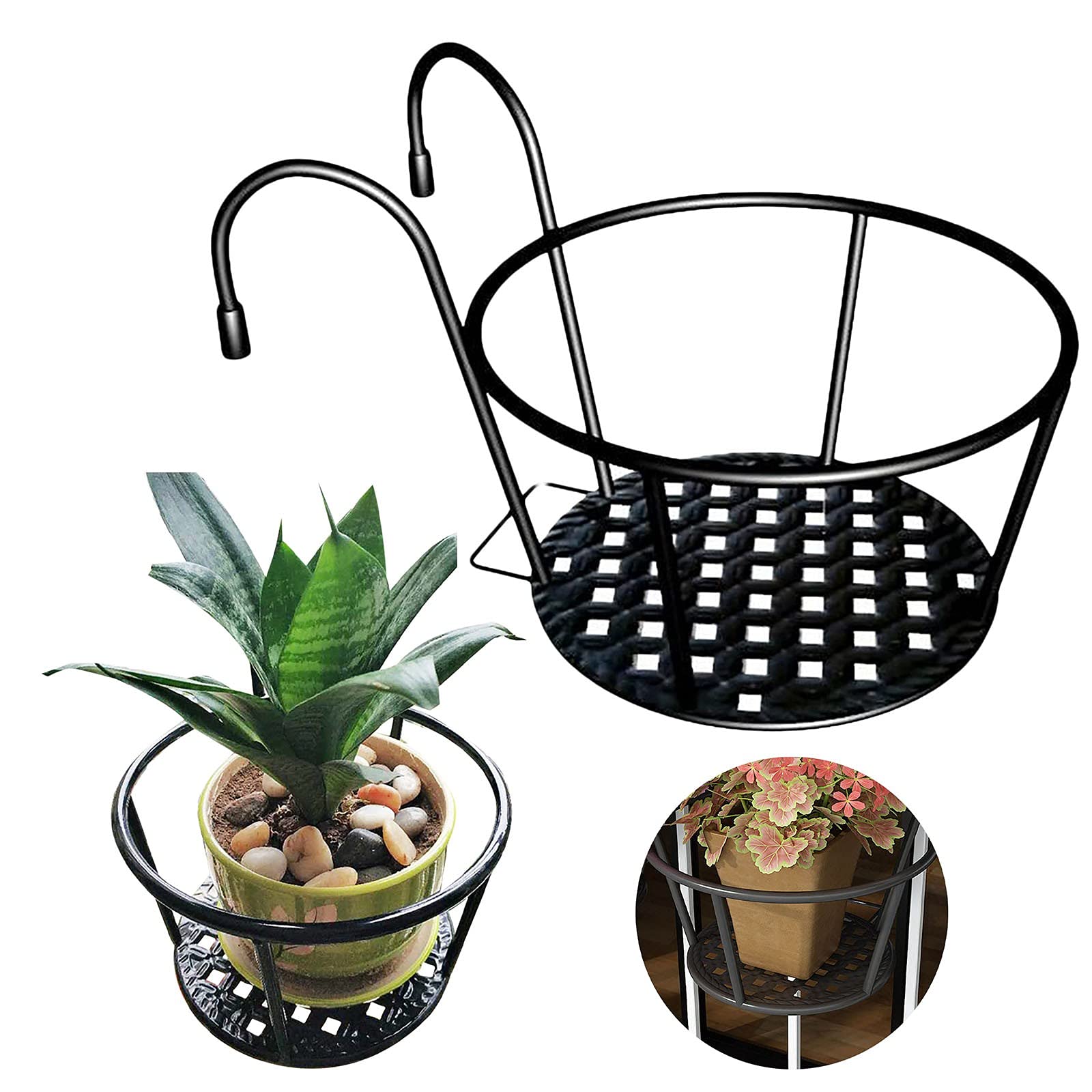 Iron Wall Hanging Flower Basket - 2 Pack Black Decorative Plant Holder for Patio, Balcony, Porch or Fence - Rust-Resistant Metal Planter Hangers for Outdoor Garden Decor & Vertical Gardening