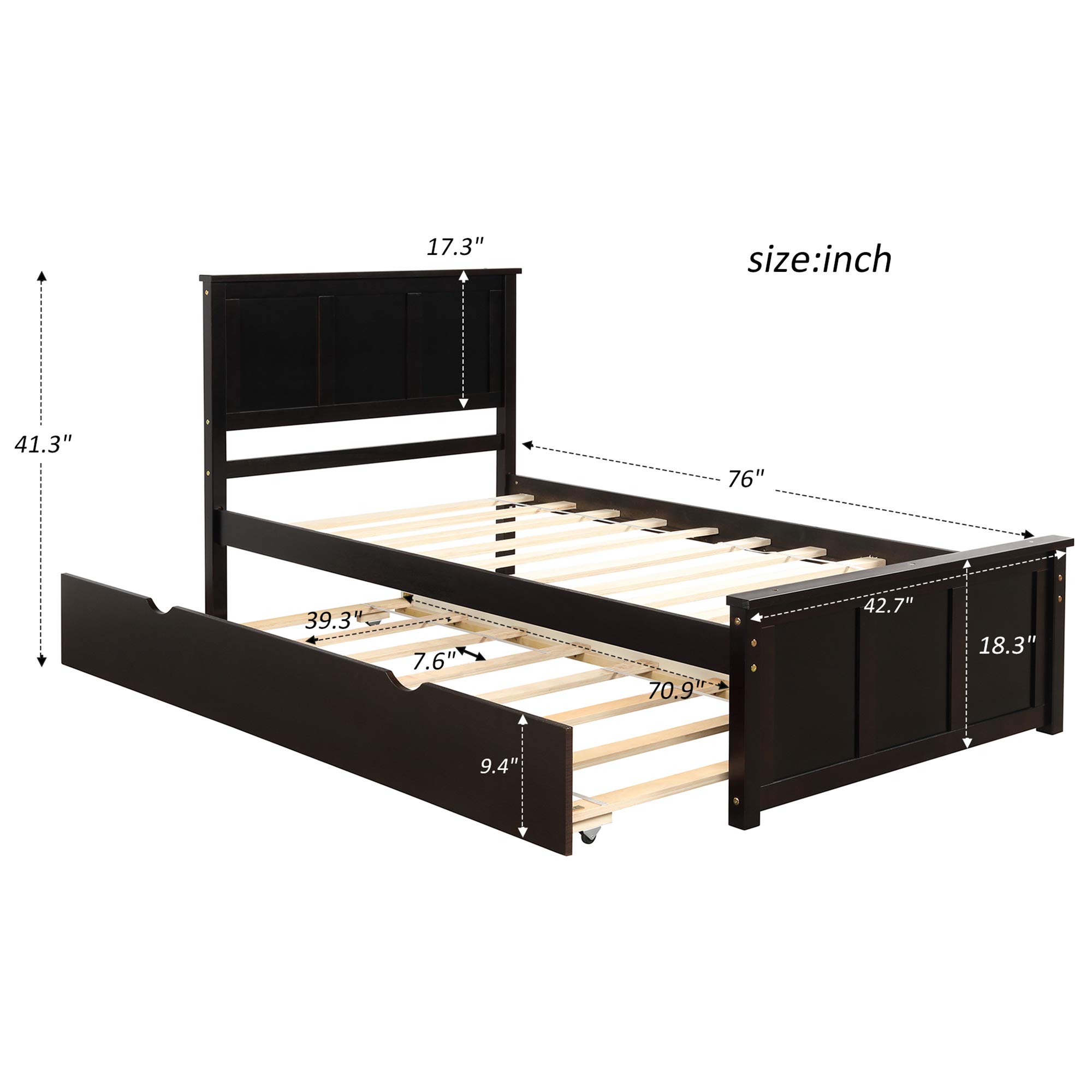 P PURLOVE Twin Size Wooden Platform Bed Frame with Headboard & Trundle Bed - Espresso Storage Bed for Kids, Teens & Guest Rooms | Space-Saving Bedroom Solution