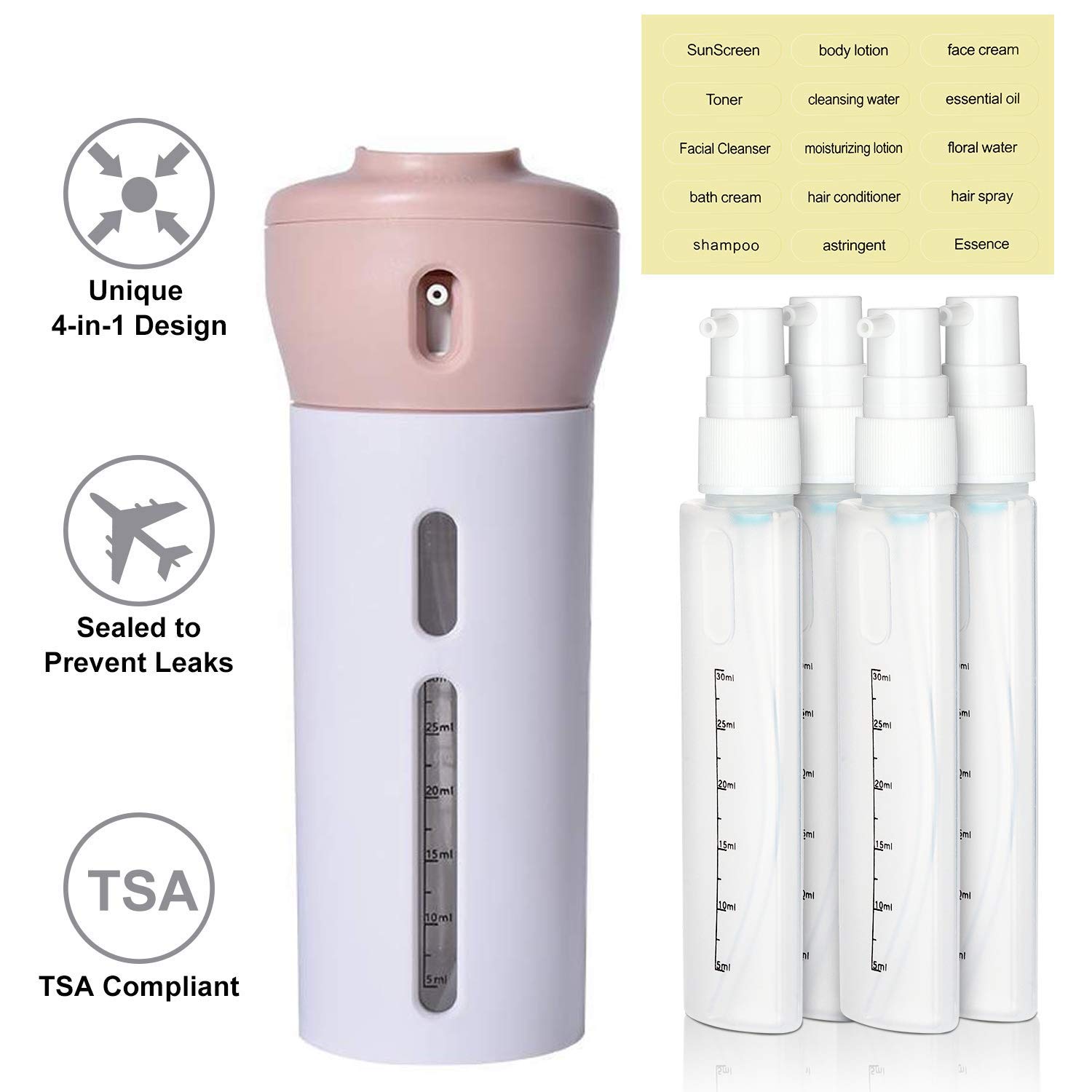 4 in 1 Travel Dispenser Bottle Set - CHIVENIDO Refillable Lotion Shampoo Gel Containers for Shower & Makeup | Portable Leak-Proof Toiletry Bottles for Vacation, Gym, Camping & Air Travel