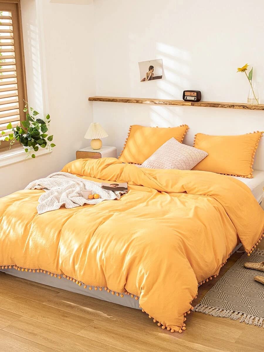 Bright Yellow Pom Pom Cotton Duvet Cover with Button Closure - Soft Bedding Set for Twin, Full, Queen & King Size Beds - Cozy Home Decor for Kids' Rooms, Guest Bedrooms & Dorm Essentials
