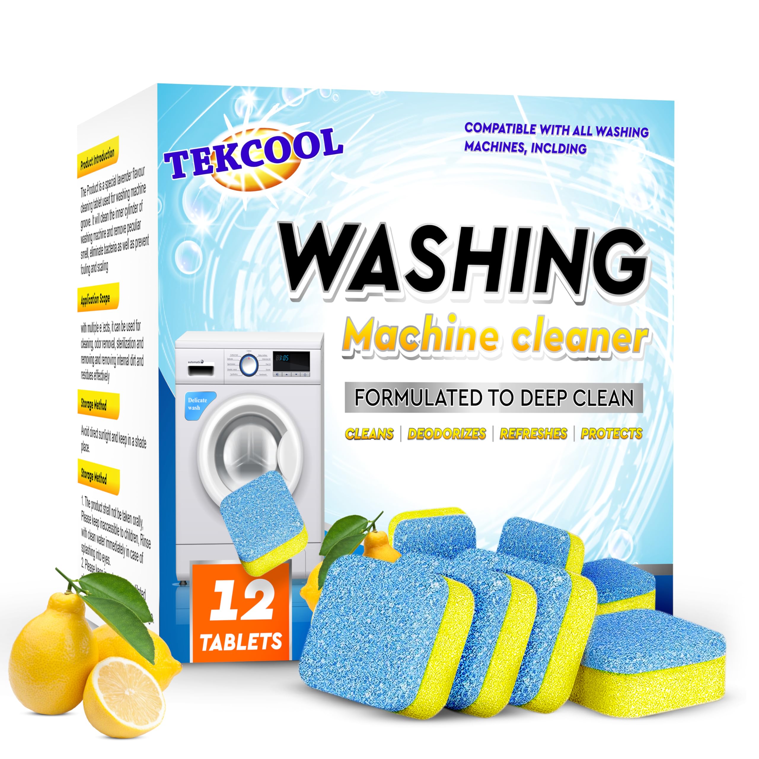 TEKCOOL Washing Machine Cleaner Tablets - 12 Pack Descaling Powder for Deep Cleaning Front & Top Load Washers | Lemon Scented | Removes Odor, Mold & Residue | Ideal for Laundry Maintenance & Appliance Care
